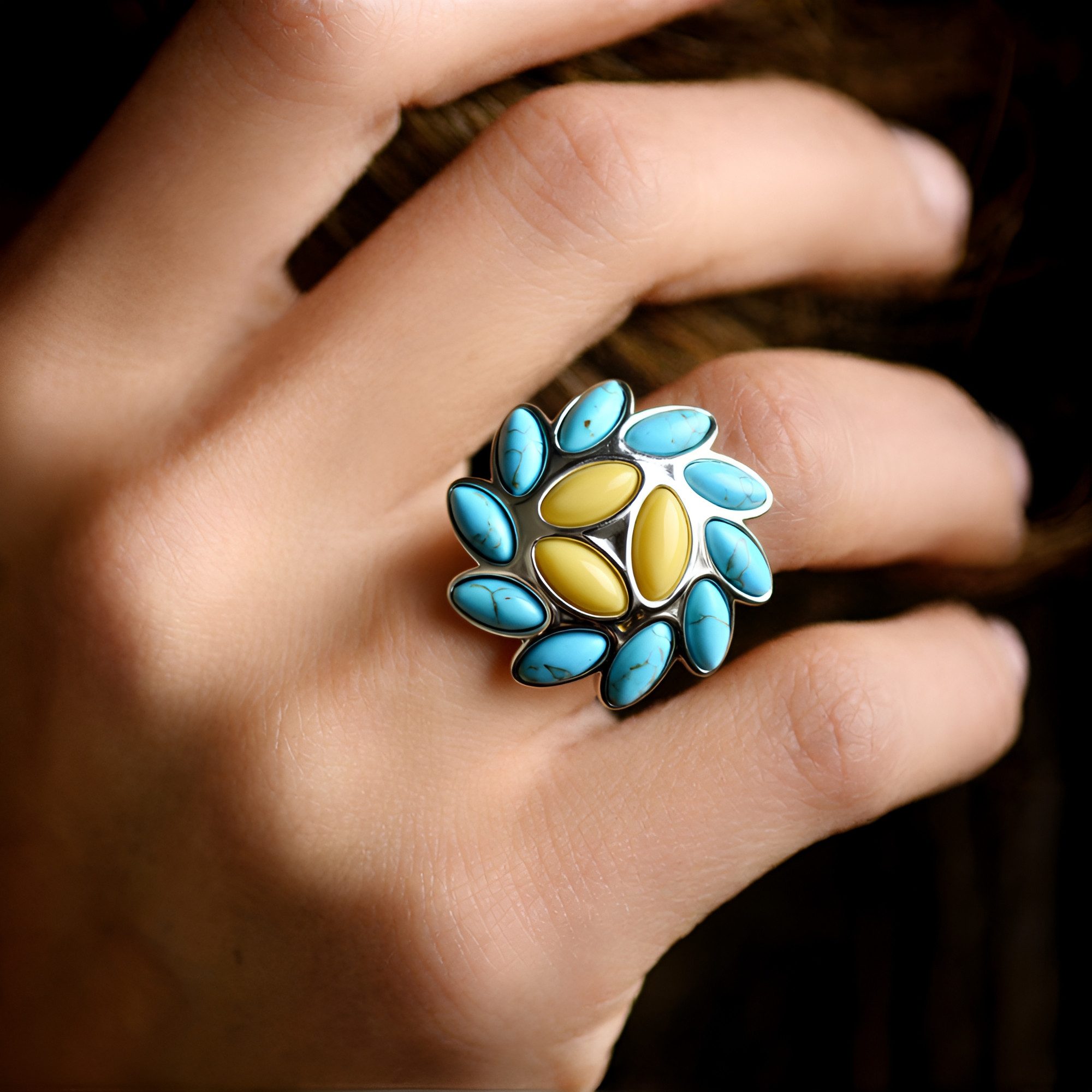 Cavill Silberring Cavill Ring 925 Silber mit 9 Türkisen & 3 Bernstein, 4,76 ct, floral (1-tlg)