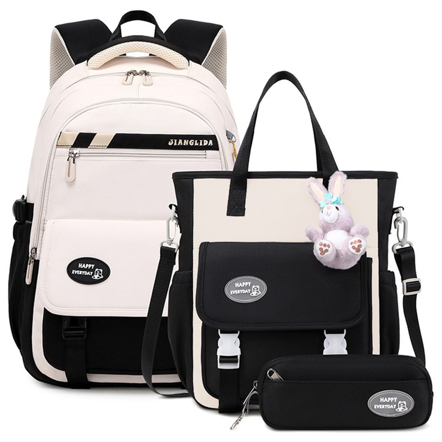 RWEUOQ Schulrucksack Schulrucksack-Set Schultasche Teenager Turnbeutel Schwarz (Set, 3-tlg., Wasserdichte Rucksack mit doppelter Reißverschluss), Schulranzen Mädchen Jungen