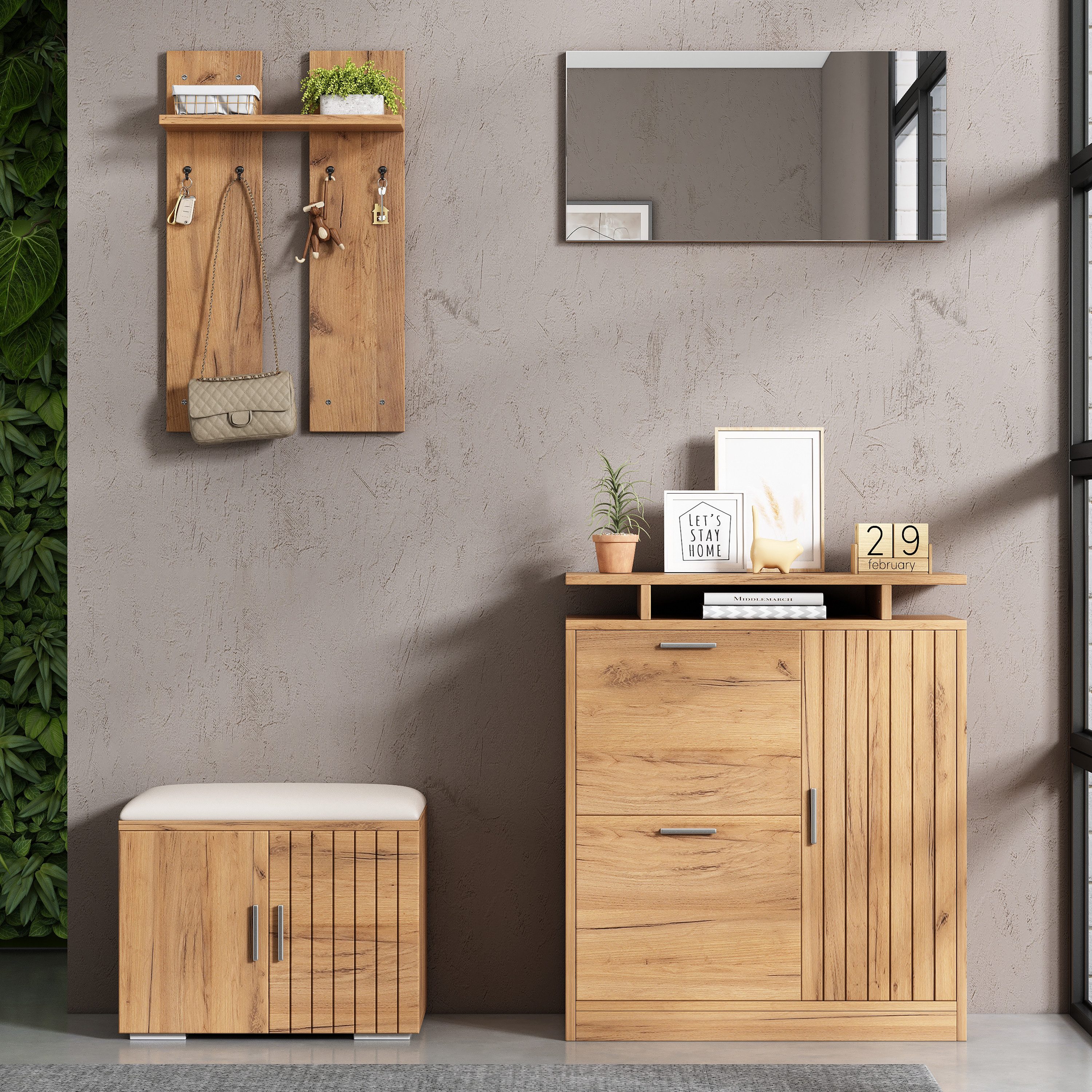 KLAM HOME Garderoben-Set Garderoben-Set Mit Schuhbank Spiegel Und Schrank Komplettes Flurmöbel, (Praktische Wandgarderobe Mit 5 Türen Und 4 Haken Für Ordnung), Schuhschrank Aufbewahrungsbank In Naturfarbe B140 X T35 X H133 Cm
