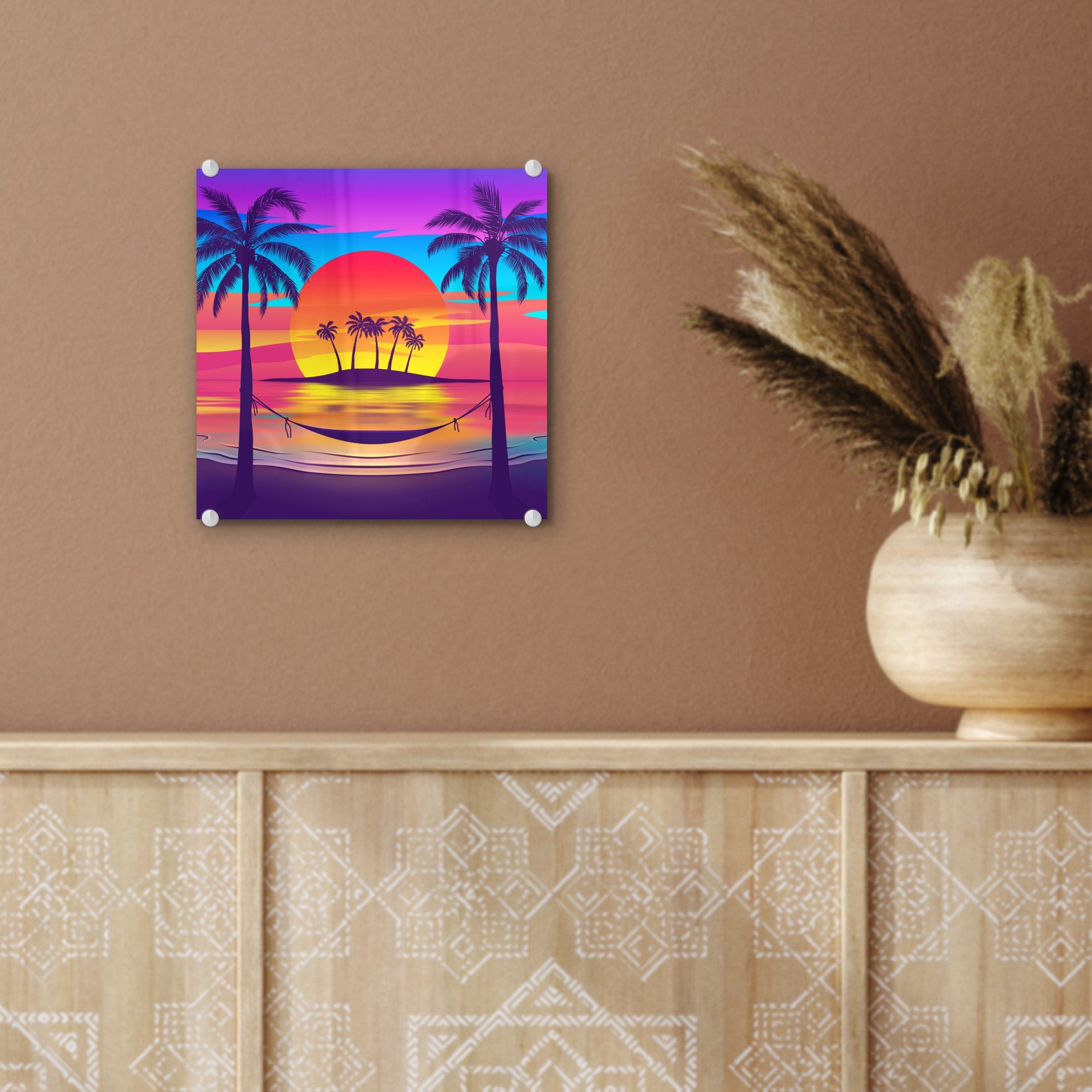 - tropischen (1 auf Glasbilder Acrylglasbild Illustration Glas - eines Bilder buntem Wandbild Sonnenuntergang, MuchoWow auf - Strandes St), mit Foto Wanddekoration Glas