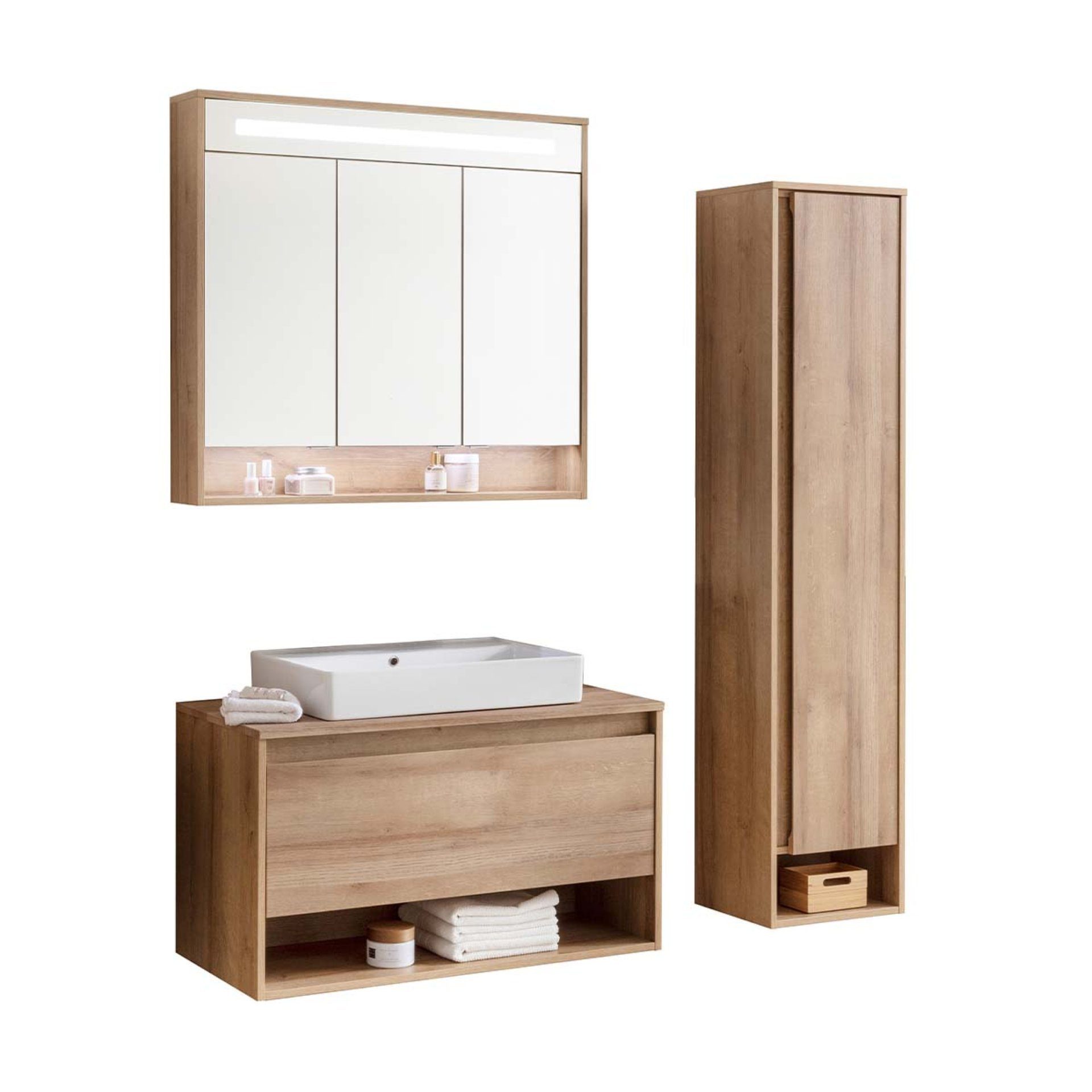 FACKELMANN Badmöbel-Set NATURA Badmöbelset 4-teilig, 94 cm, Spiegelschrank + Hochschrank