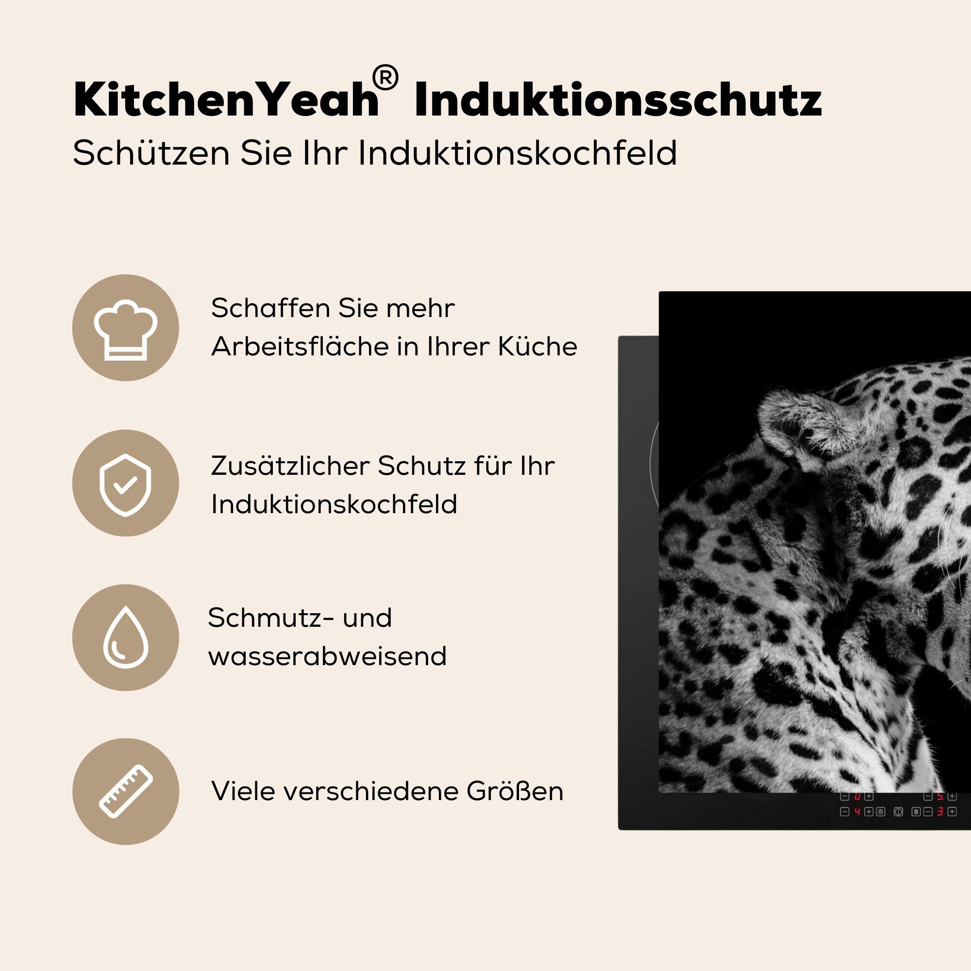 Weiß, Schutz Herdblende-/Abdeckplatte Vinyl, Induktionskochfeld Jaguar - Schwarz - cm, küche, Ceranfeldabdeckung - tlg), 81x52 Tier (1 die MuchoWow für