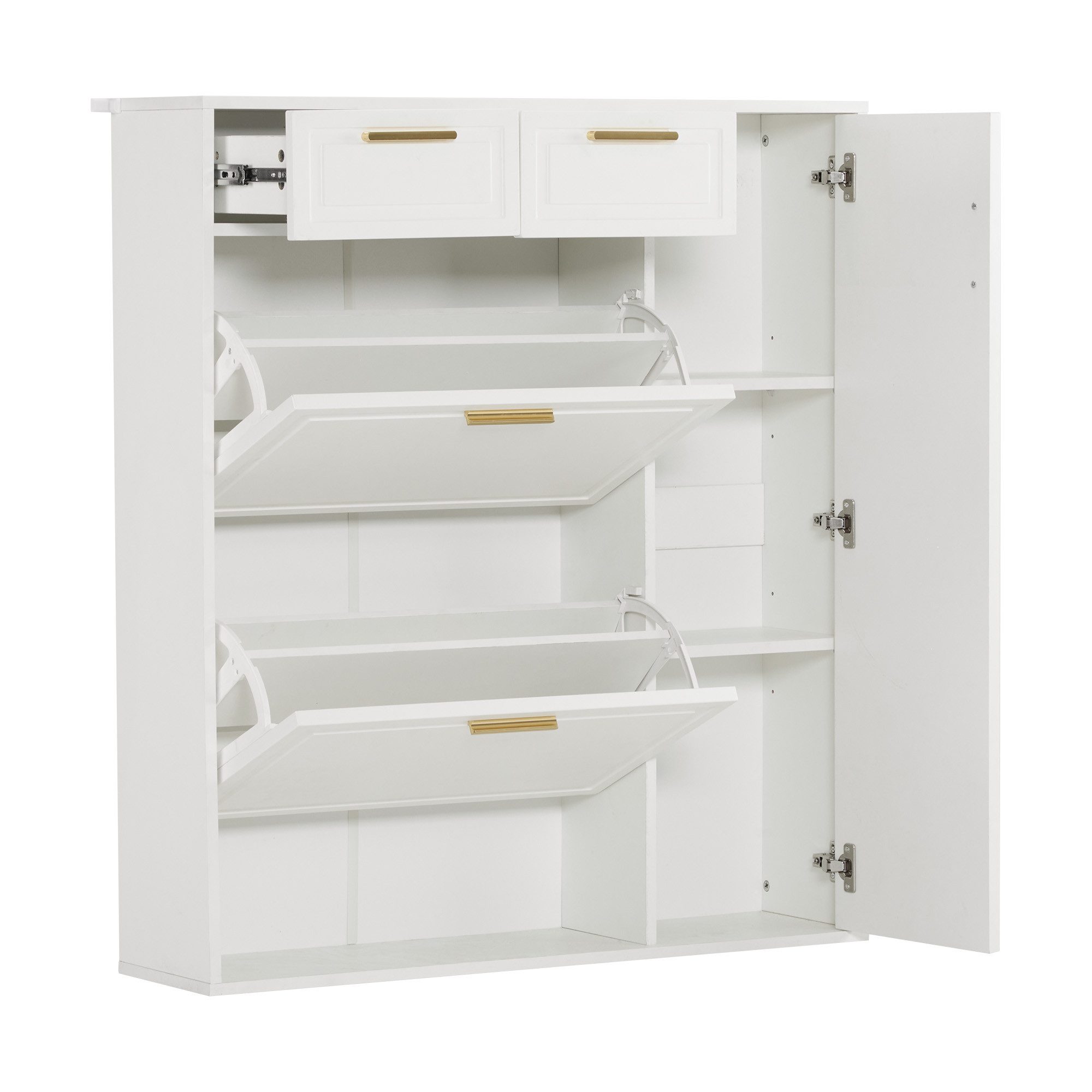 KLAM HOME Schuhschrank Moderne Schuhschrank, mit verstellbaren Regalen, goldenen Griffen (Schuhkommode mit Schubladen, Klappschuhschrank und Türen) Schuhregal Mit Kippsicherung