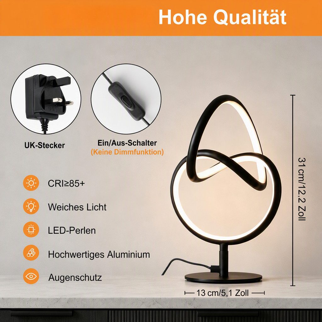 BlingBin LED Tischleuchte Moderne LED Tischlampe 19×19×31 cm,Warmweiß, Schwarz, Moderne, LED fest integriert, Tageslichtweiß, mit Ein/Aus-Schalter, EU-Stecker,  – Bild 3 von 5