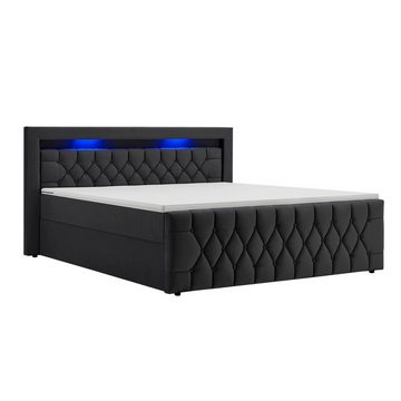 Juskys Boxspringbett Leona, Samt-Bezug, 140x200 cm, H4-Federkernmatratzen, Topper, LED-Licht