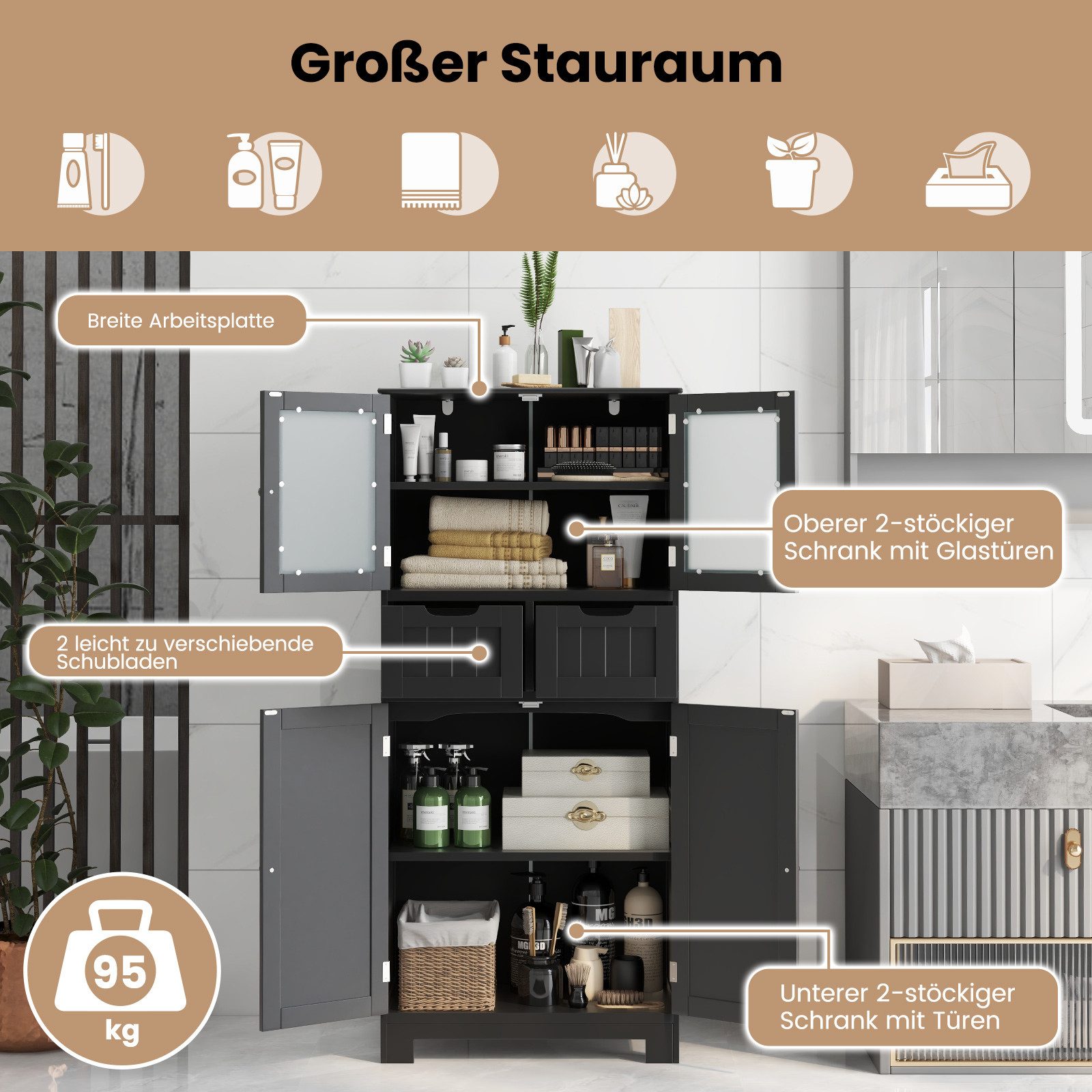 COSTWAY Badkommode, Badschrank mit Schublade, verstellbarem Regal, weiß 128cm