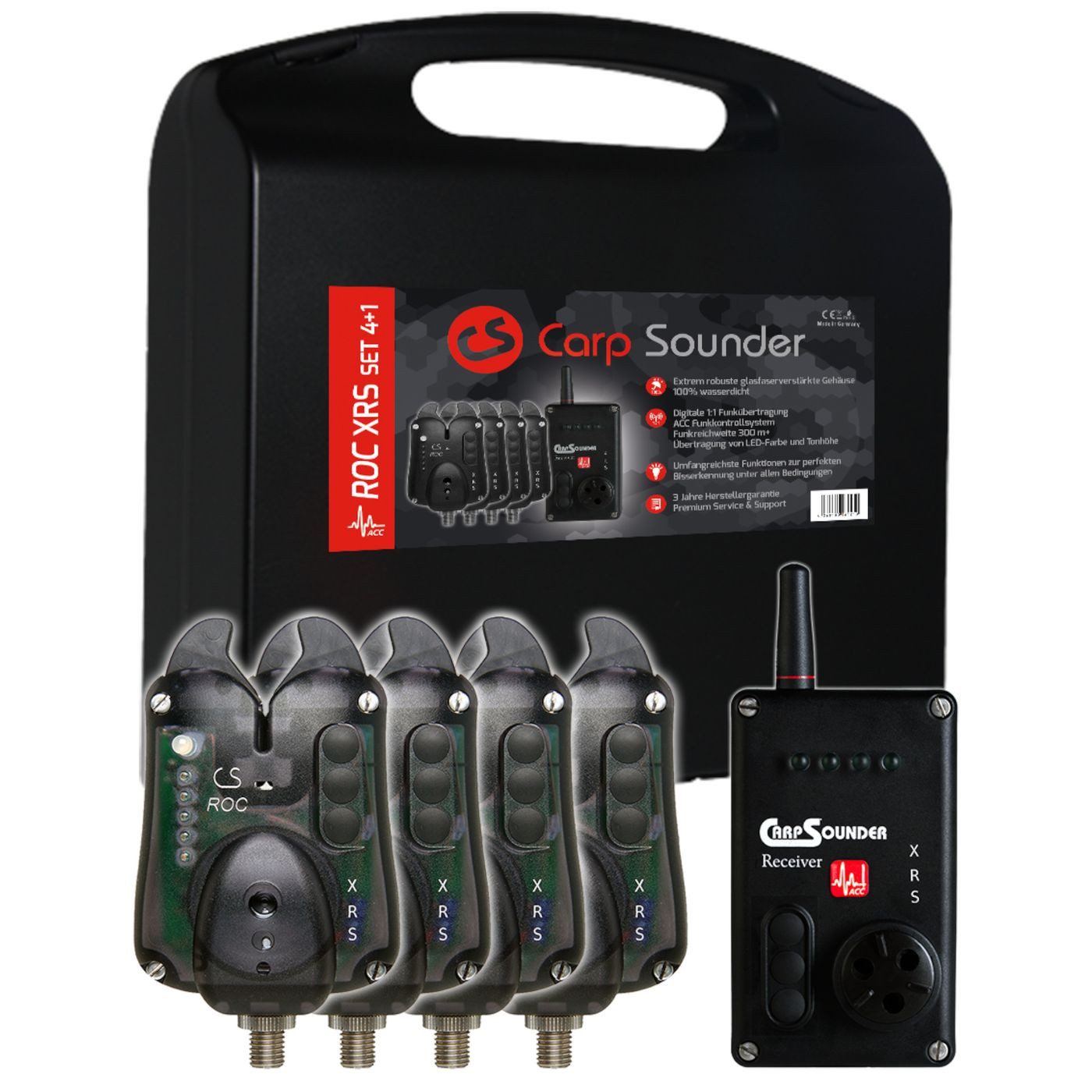 Carp Sounder elektronischer Bissanzeiger Carp Sounder ROC XRS Neon Black Set 4+1- 4 Bissanzeiger + 1 Receiver