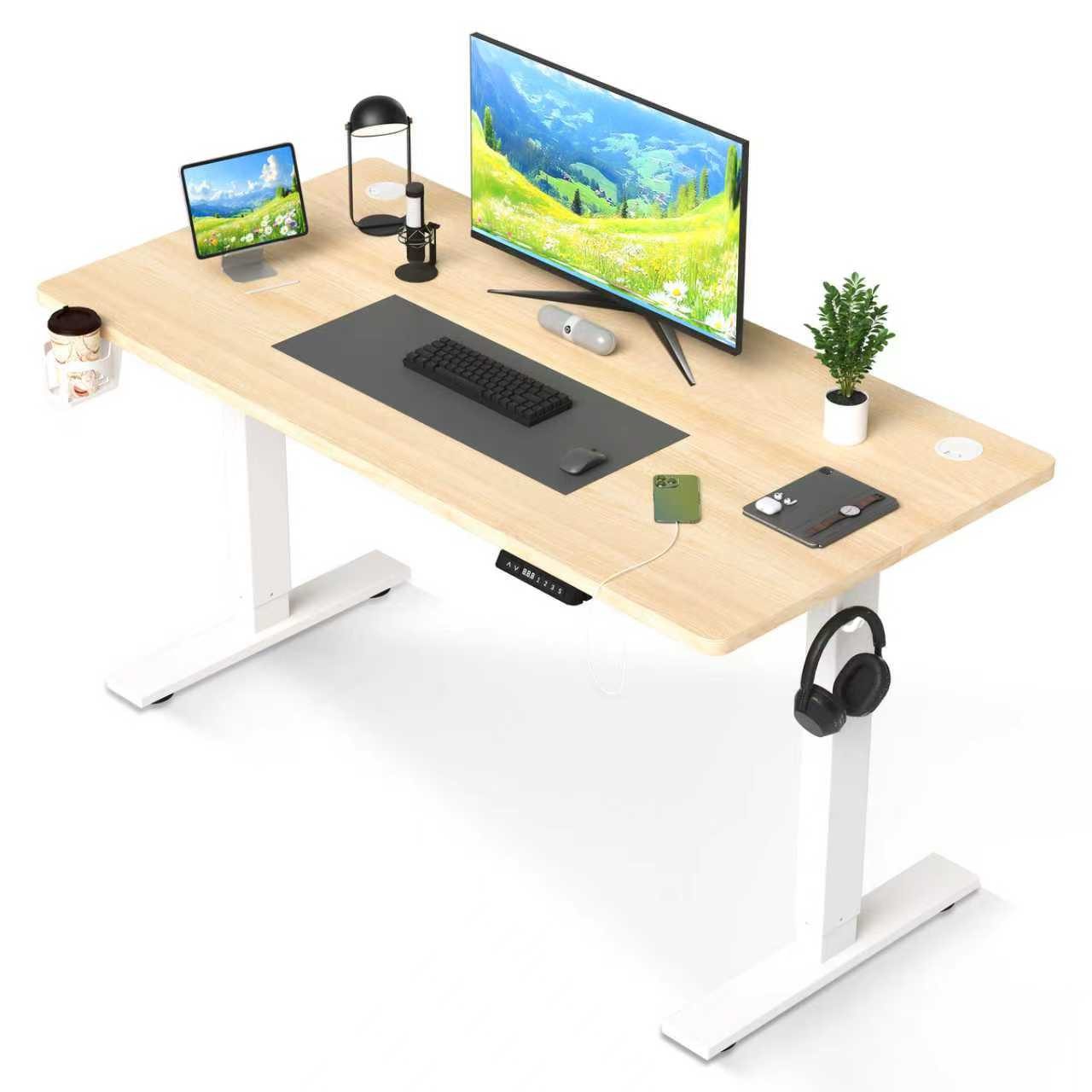 HOMAVO Schreibtisch Höhenverstellbarer schreibtisch mit Memory- und Rebound-Funktion (Sitz-Steh-Erinnerung), inkl. Kabelwanne & USB/Typ-C-Anschlüssen, Tischplatte 18 mm