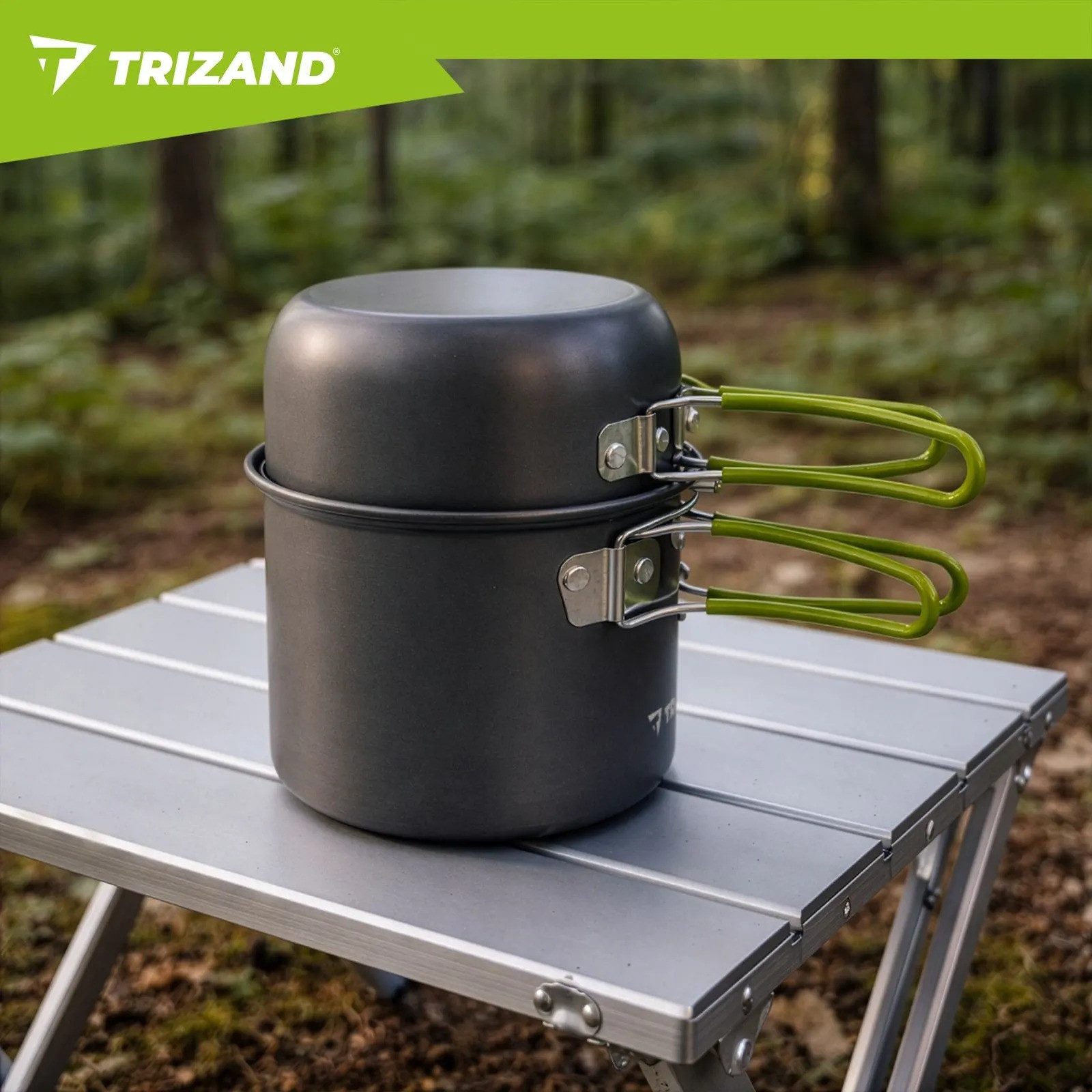 Trizand Geschirr-Set Camping Kochset 1,2L Aluminium faltbar Outdoor Trekking Geschirr (6-tlg), 2 Personen, Edelstahl, faltbare Griffe leichtes Aluminium kompakt mit Klappbesteck