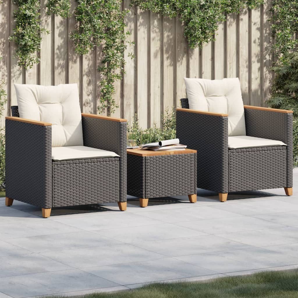 vidaXL Gartenlounge-Set 3-tlg. Bistro-Set mit Kissen Schwarz Poly Rattan Akazienholz