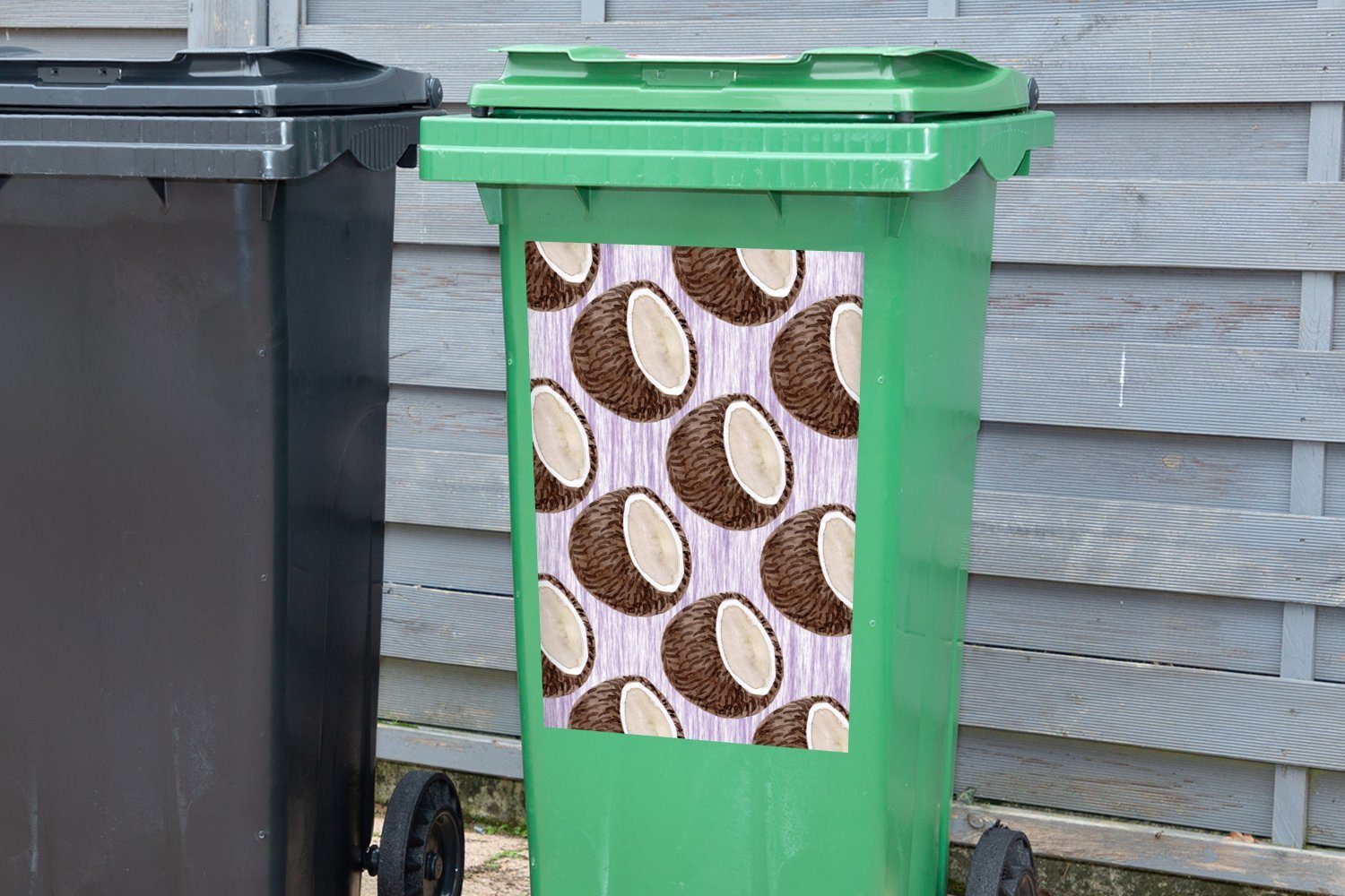 Sticker, Frucht Abfalbehälter Mülleimer-aufkleber, Lila - Container, Kokosnuss St), Wandsticker (1 MuchoWow - Mülltonne,