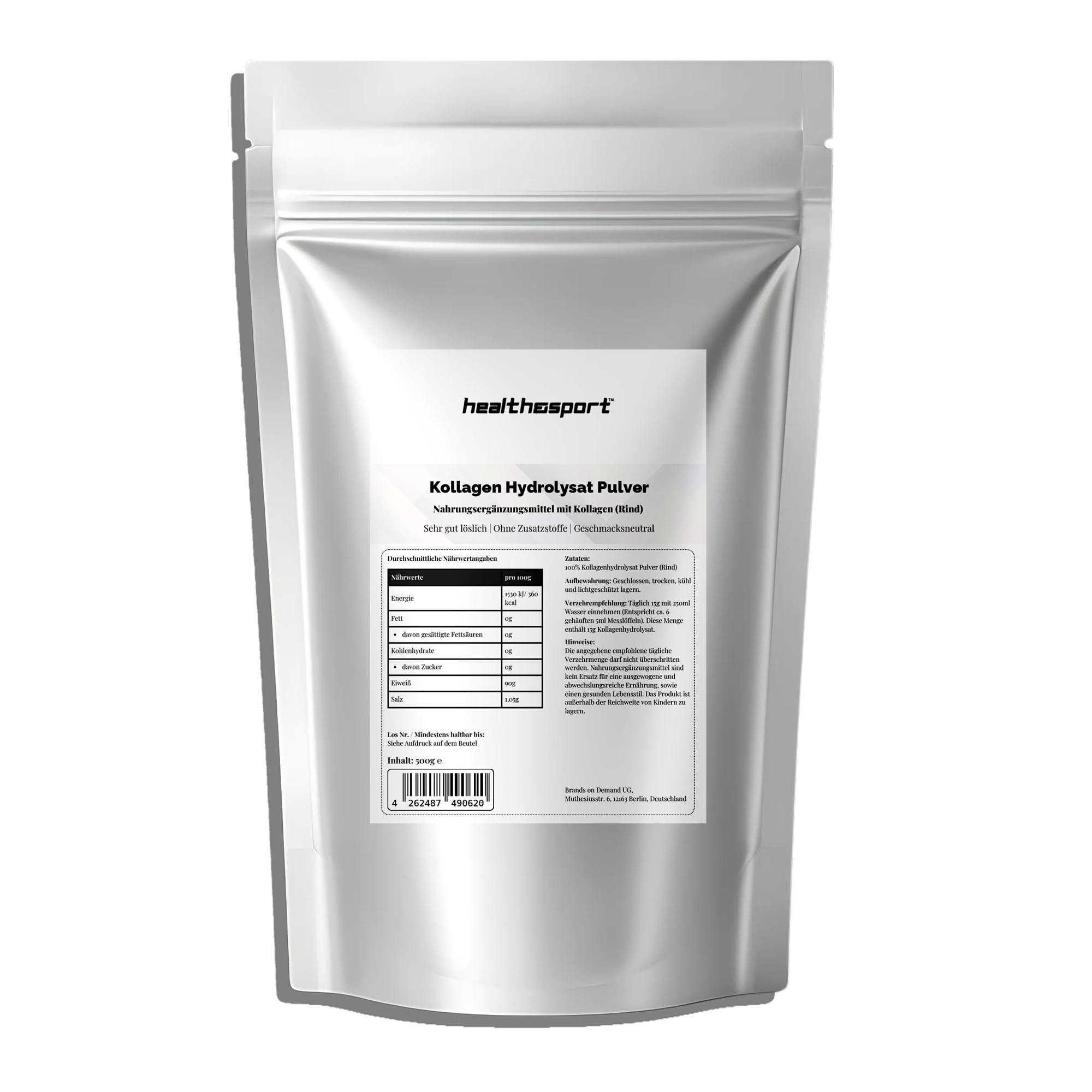 health&sport Kollagenhydrolysat 500 g Pulver, 500 g, Kollagenhydrolysat in Pulverform, geschmacksneutral