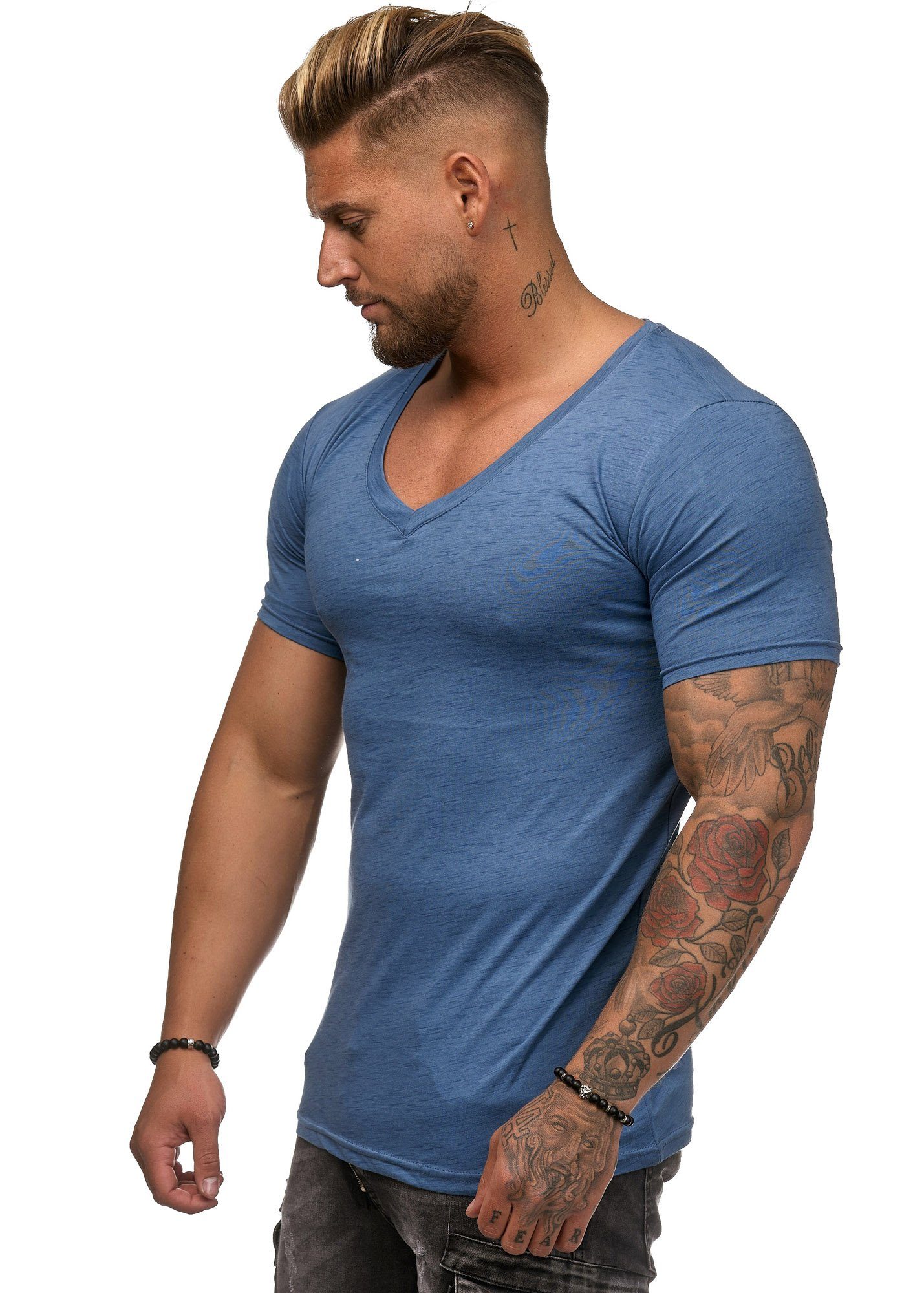 OneRedox T-Shirt Fitness BS-500C Casual Polo 1-tlg) Freizeit Tee, Kurzarmshirt (Shirt Blau