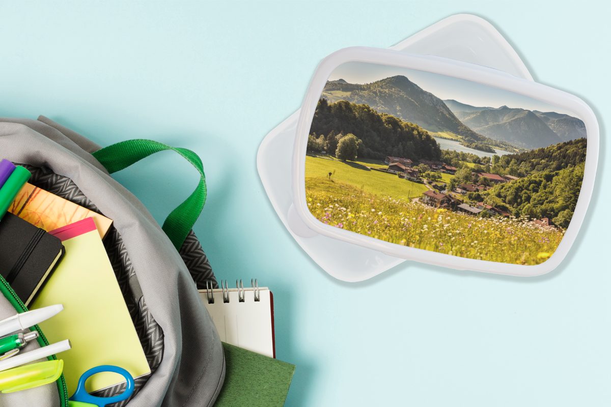 MuchoWow Lunchbox Alpen - Berge für Kunststoff, weiß Brotbox für Mädchen und Jungs Kinder - und Blumenwiese, Erwachsene, (2-tlg), Brotdose
