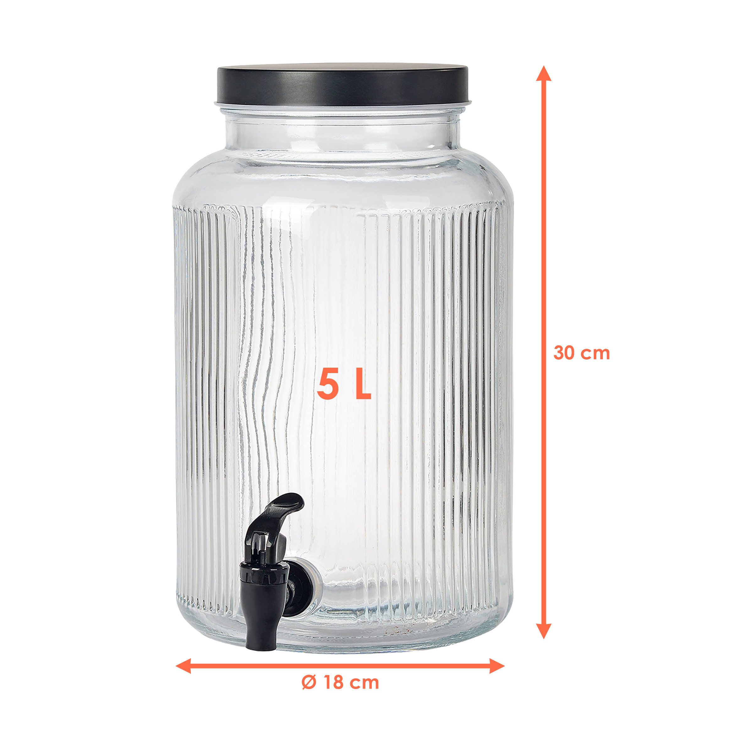 Spetebo Glas Getränke Spender mit Zapfhahn - 5 Liter, 1-tlg., Glas, Glas Wasserspender mit Schraubverschluss