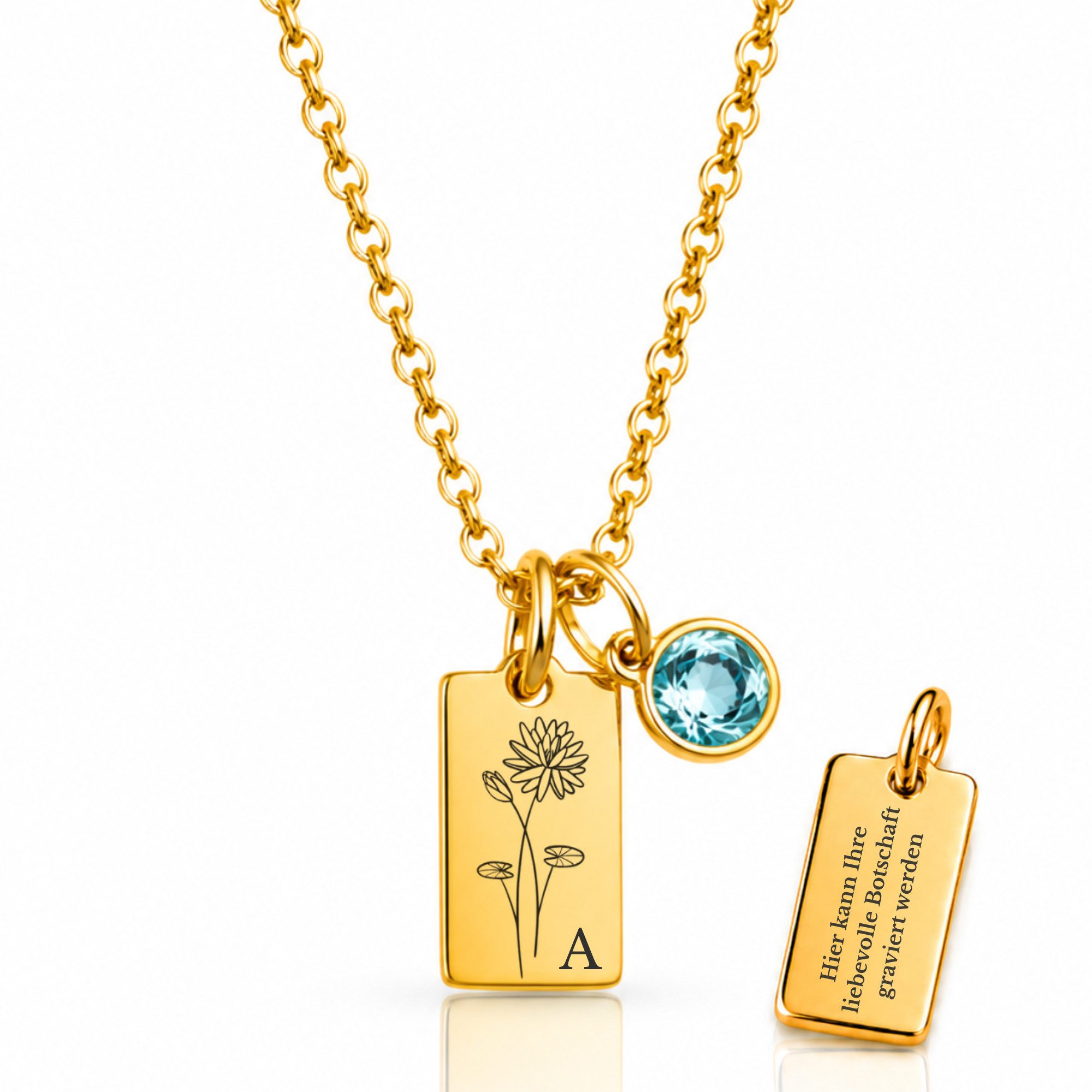 BS Schmuckdesign Kette mit Anhänger mit Gravur Personalisierte Halskette Damen mit Gravur Monatsblume Initiale (inkl. Geburtsstein), inkl. Geschenkbox