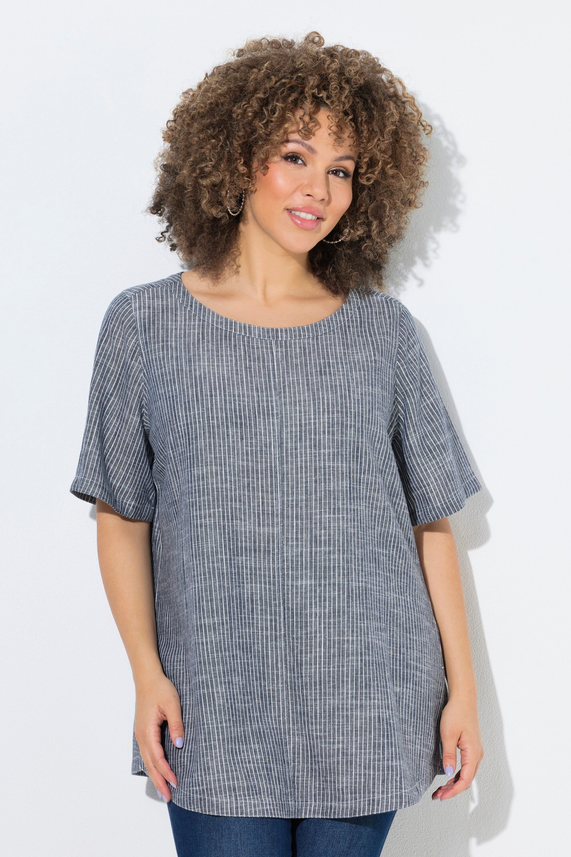 Ulla Popken Longbluse Bluse Leinenmix Streifen Rundhals Halbarm
