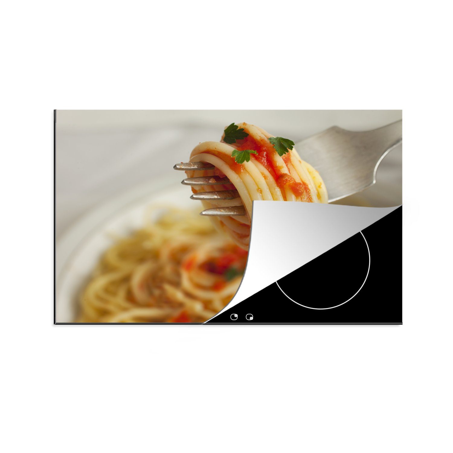 MuchoWow Herdblende-/Abdeckplatte Spaghetti um eine Gabel, Vinyl, (1 tlg), 81x52 cm, Induktionskochfeld Schutz für die küche, Ceranfeldabdeckung