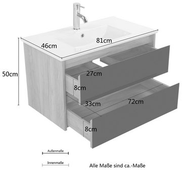 welltime Waschtisch Torun Badezimmerschrank Unterschrank mit Glasfronten und Softclose (Set), Waschplatz mit 2 Schubladen und Waschbecken Breite 80 cm