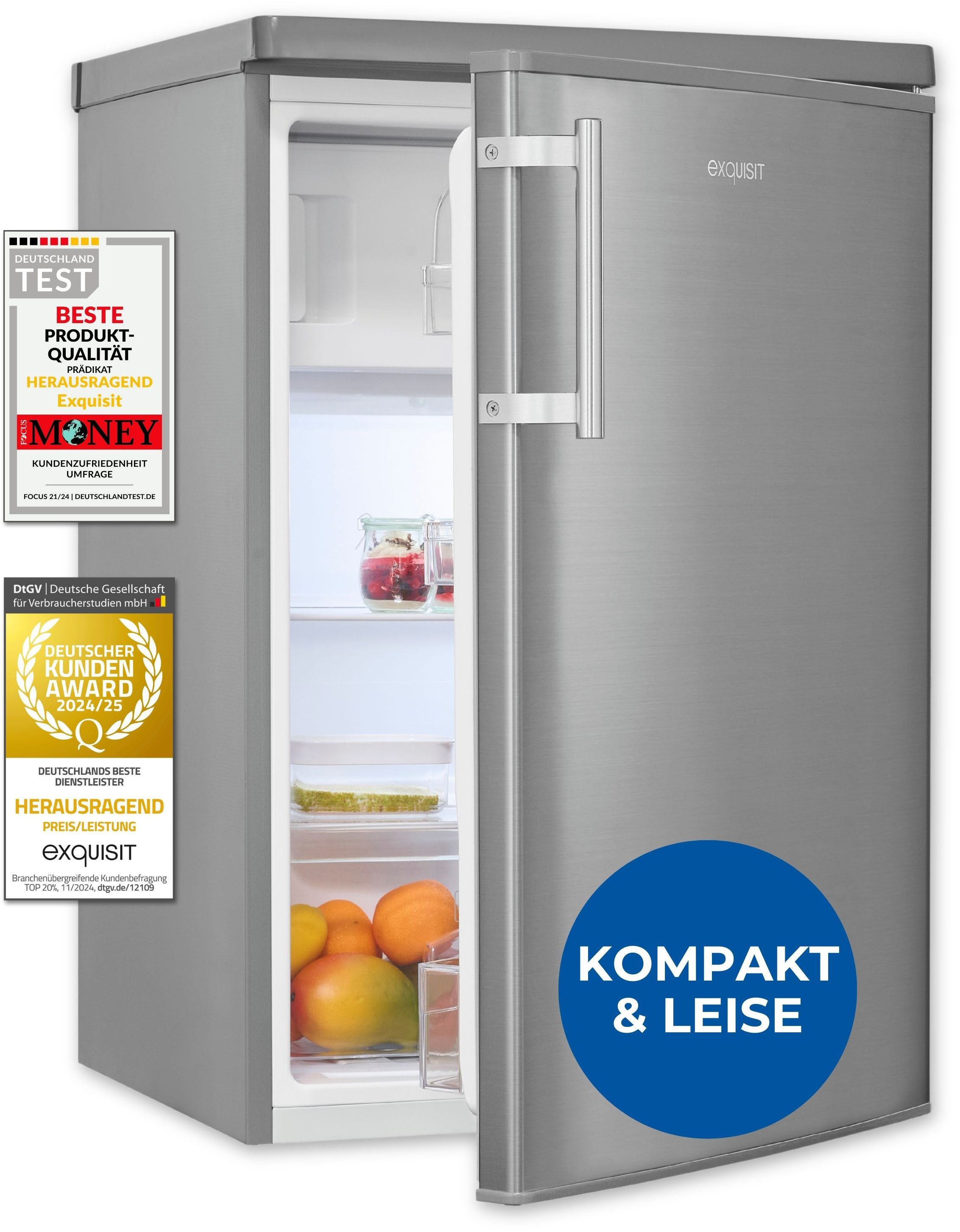 exquisit Kühlschrank KS16-4-HE-040C inoxlook, 85,5 cm hoch, 55 cm breit, Flexibler Stauraum, 4 Sterne Gefrieren-18 °C, Schnellgefrieren, LED