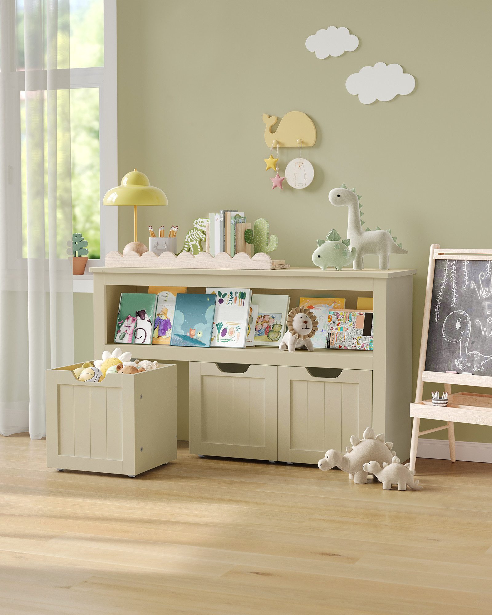 VASAGLE Kinderregal Spielzeugaufbewahrung, Bücherregal Kinder, Spielzeugregal, mit Rollen, 30 x 102 x 60 cm