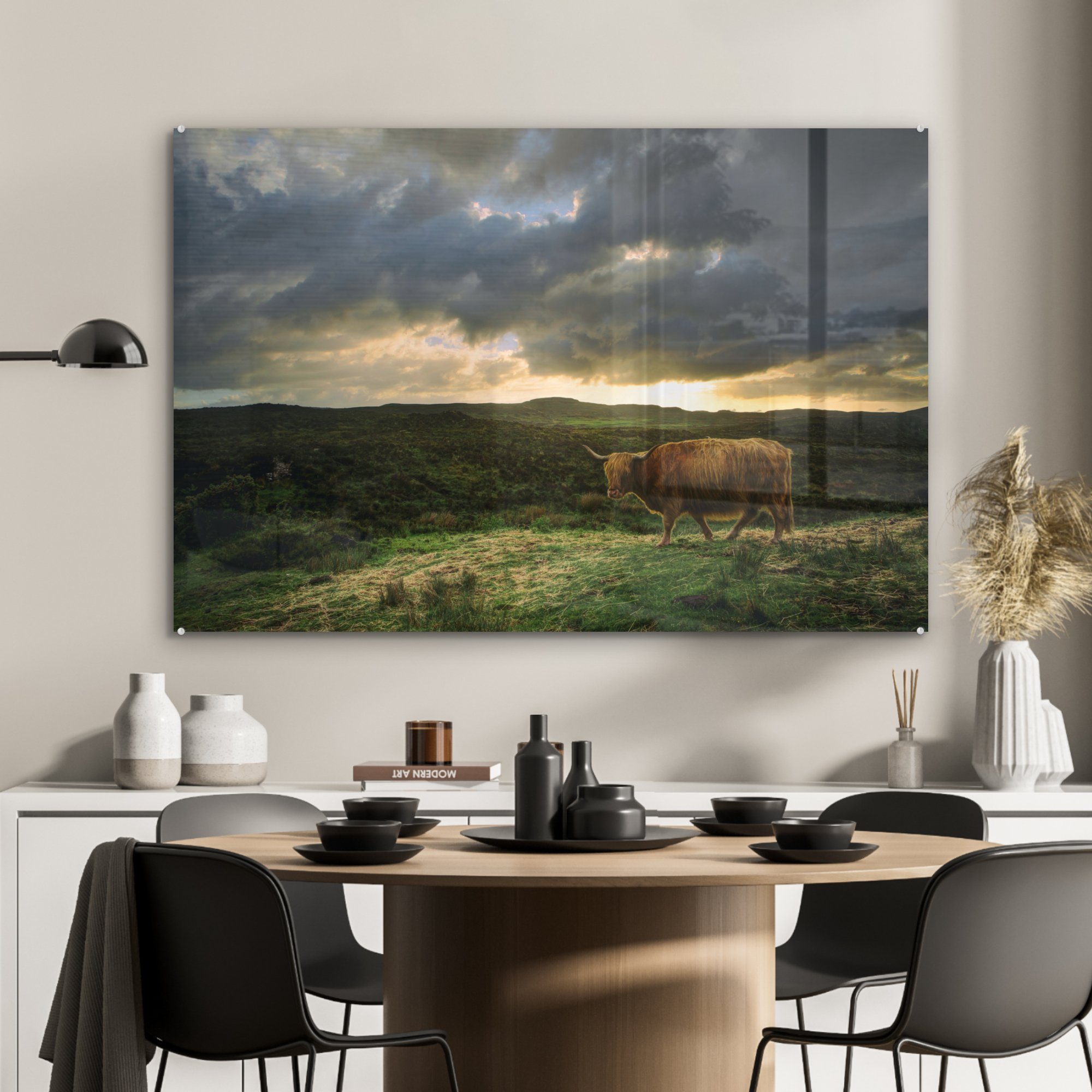 MuchoWow Acrylglasbild Schottischer Hochländer - Landschaft (1 St), Kuh, Schlafzimmer Wohnzimmer & Acrylglasbilder 