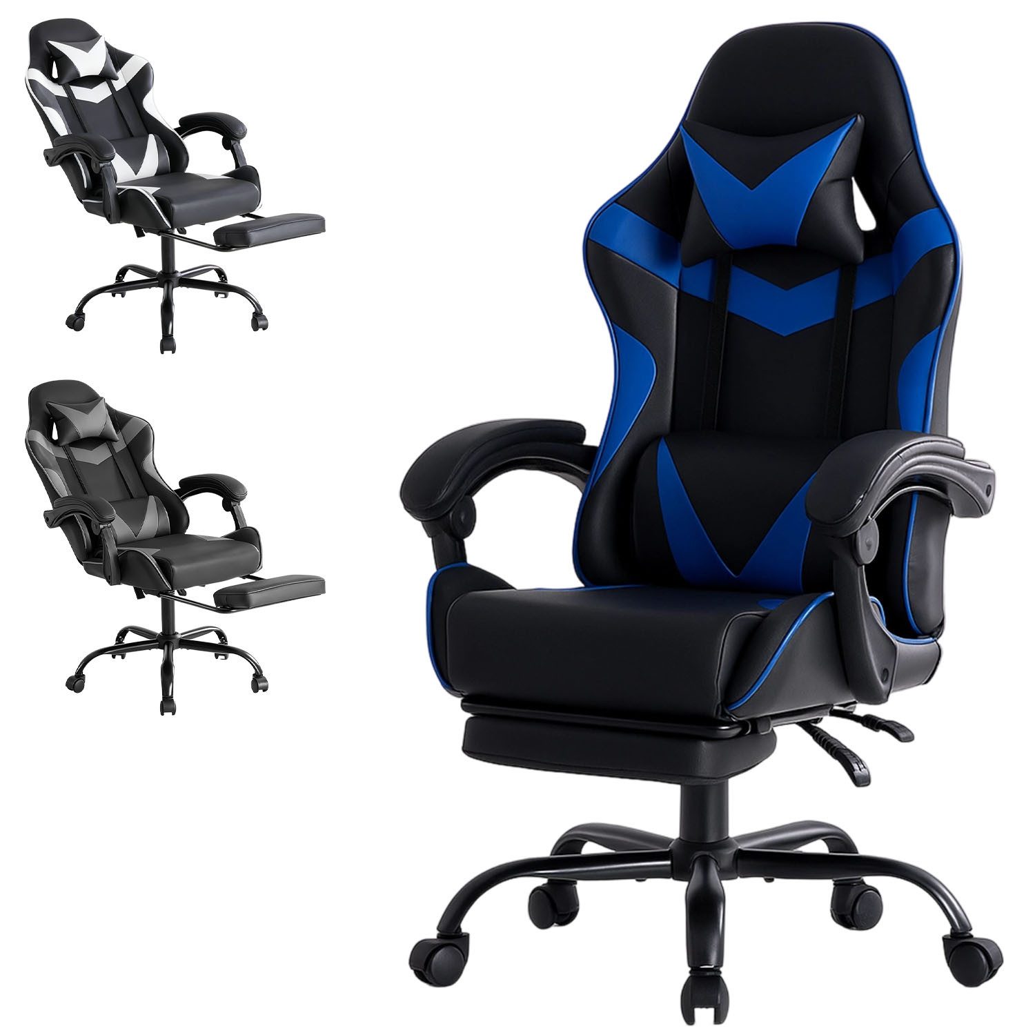 Refined Living Gaming-Stuhl Ergonomie Gaming chair mit Fußstütze, Kopfstütze Massage-Lendenkissen (Verstellbare Neigung auf der Rückseite Höhenverstellbar Computerstuhl), Gepolstert Bürostuhl  Drehstuhl 360° für Erwachsene Mädchen Junge