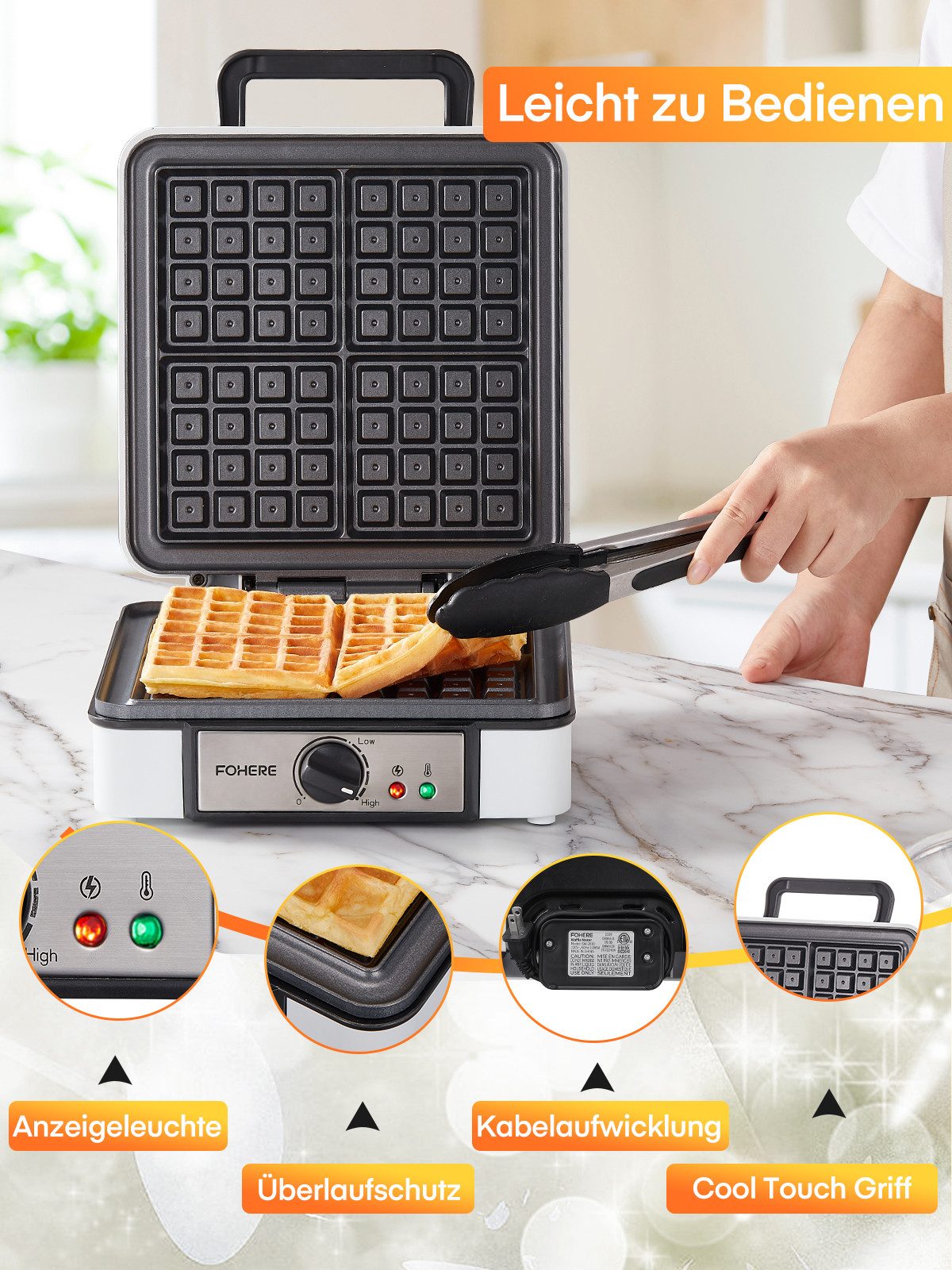 FOHERE Waffeleisen XXL 4er Waffeleisen, Paninigrill, Waffeltoaster mit Elektrogrill, 1200 W, sichere Cool-Touch-Technologie, individuelle Bräunungskontrolle – Bild 5 von 5