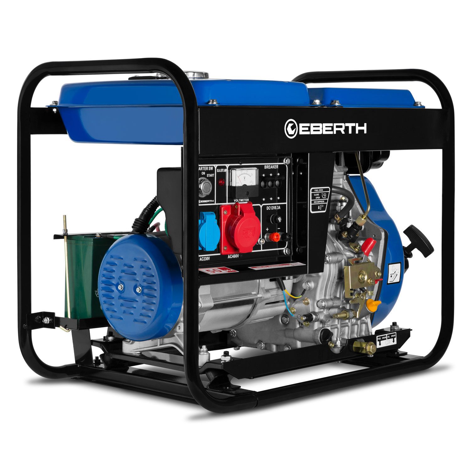 EBERTH Stromerzeuger 5000 Watt Notstromaggregat Diesel,Stromerzeuger Stromaggregat mit 10PS, 5 in kW, 4-Takt, E-Starter, 3-Phasen, 1x 400V, 1x 230V, 1x 12V