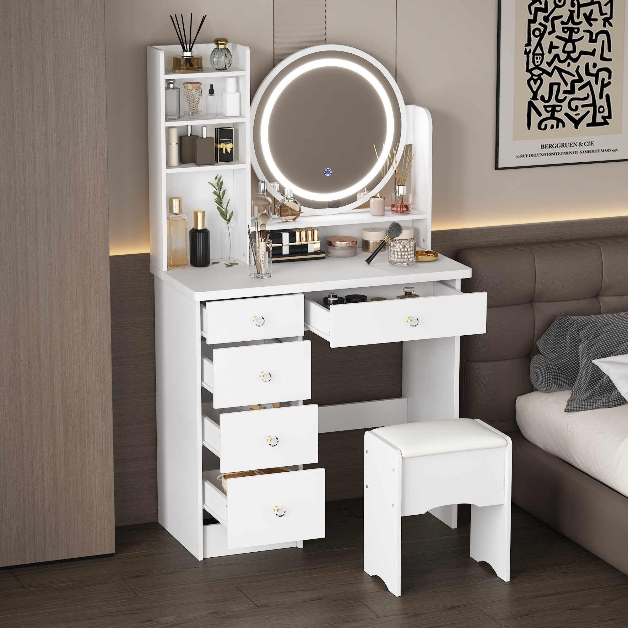 FUFU&GAGA Schminktisch mit Hocker und 5 Schubladen, 80 B x 40 T x 135H cm günstig online kaufen