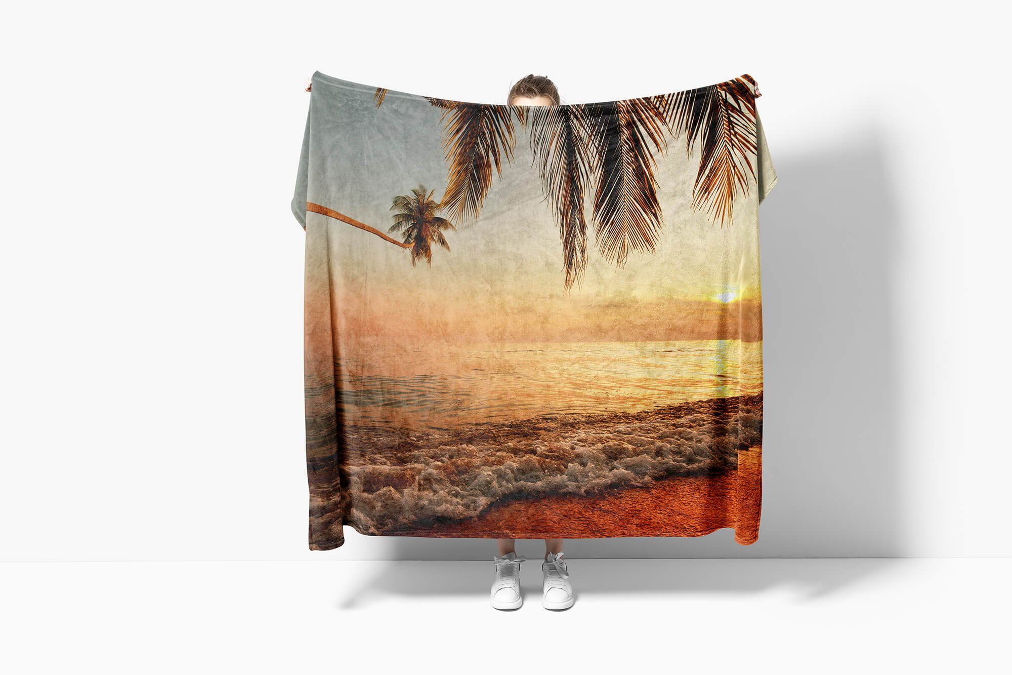 Kuscheldecke Fotomotiv Sinus Palme Saunatuch Art mit (1-St), Strandhandtuch Traumstrand, Handtuch Baumwolle-Polyester-Mix Handtücher Handtuch