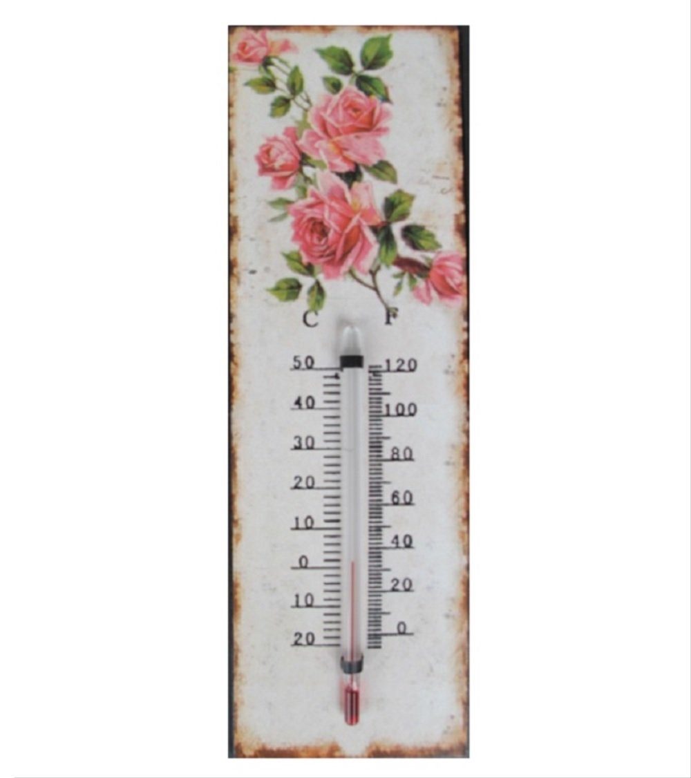 Linoows Dekoobjekt Rosen Thermometer, Wandthermometer mit Rosenblüten, Blechthermometer mit Celsius und Fahrenheit Skale