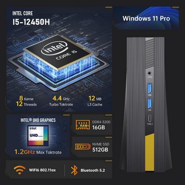 ACEMAGICIAN AD15 Mini-PC (Intel Core i5 12450H, Intel UHD-Grafik, 16 GB RAM, 512 GB SSD, Luftkühlung, WiFi6, Windows 11)