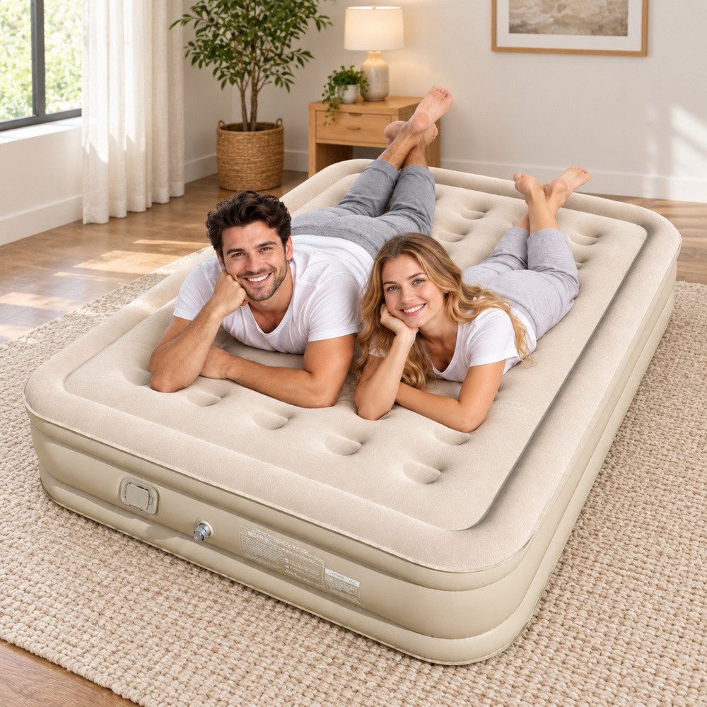LEAN TOYS Luftbett Gästebett Luftmatratze Reisebett, (Spar-Set, 1-tlg., 198 x 152 cm beflockt), integrierte Akkupumpe, USB-C, beflockte Oberseite