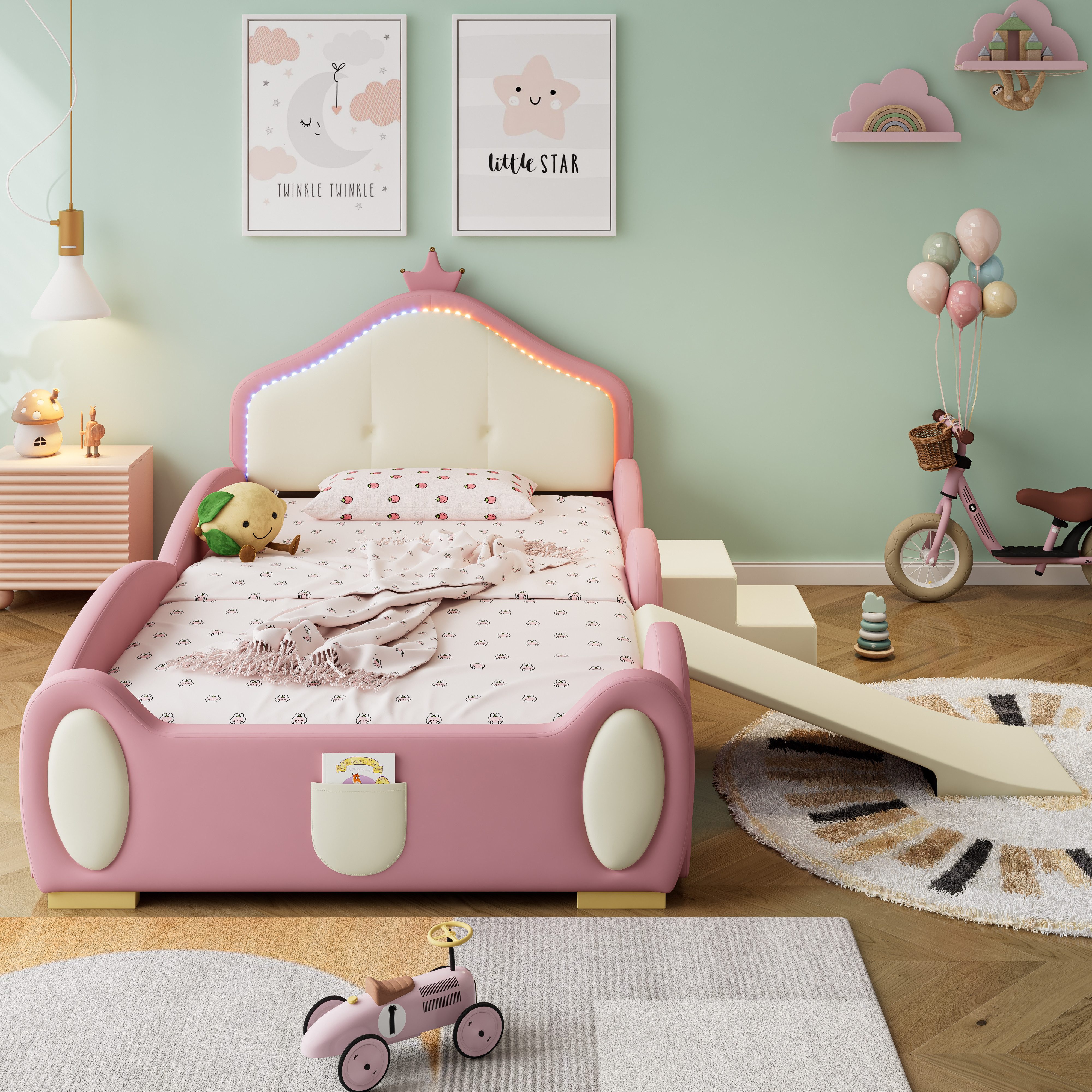 OKWISH Children's Interactive Upholstered Bed 90x200 cm with Slide & LED (Interactive single bed made of faux leather, with wooden slats, made of faux leather, with soft protective edges & interchangeable stairs), with wooden slats, without mattress – for playful adventures in the dark