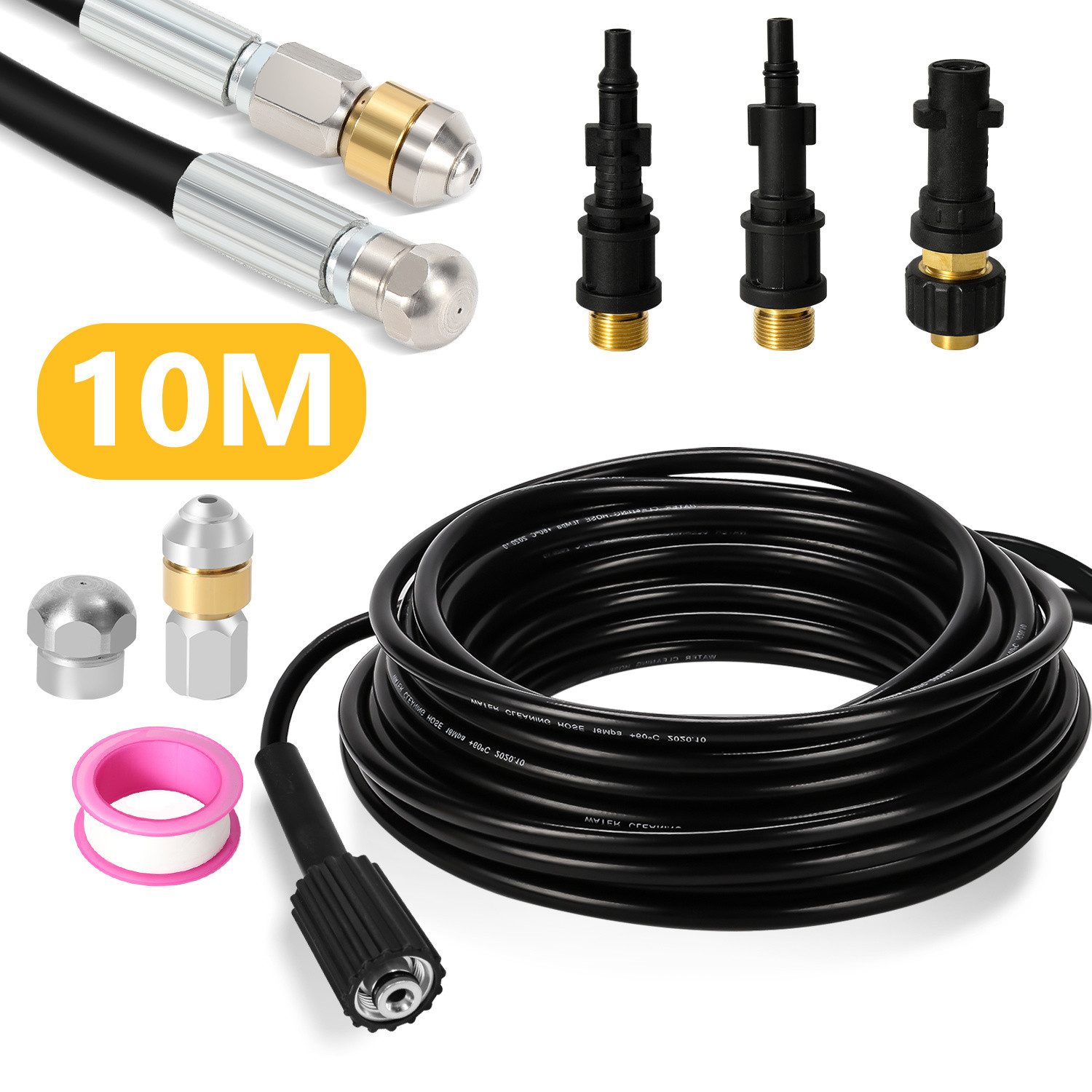 Clanmacy Hochdruckschlauch Rohrreinigungsschlauch,10m,160 bar,mit Adapter,Düsen starr+rotierend