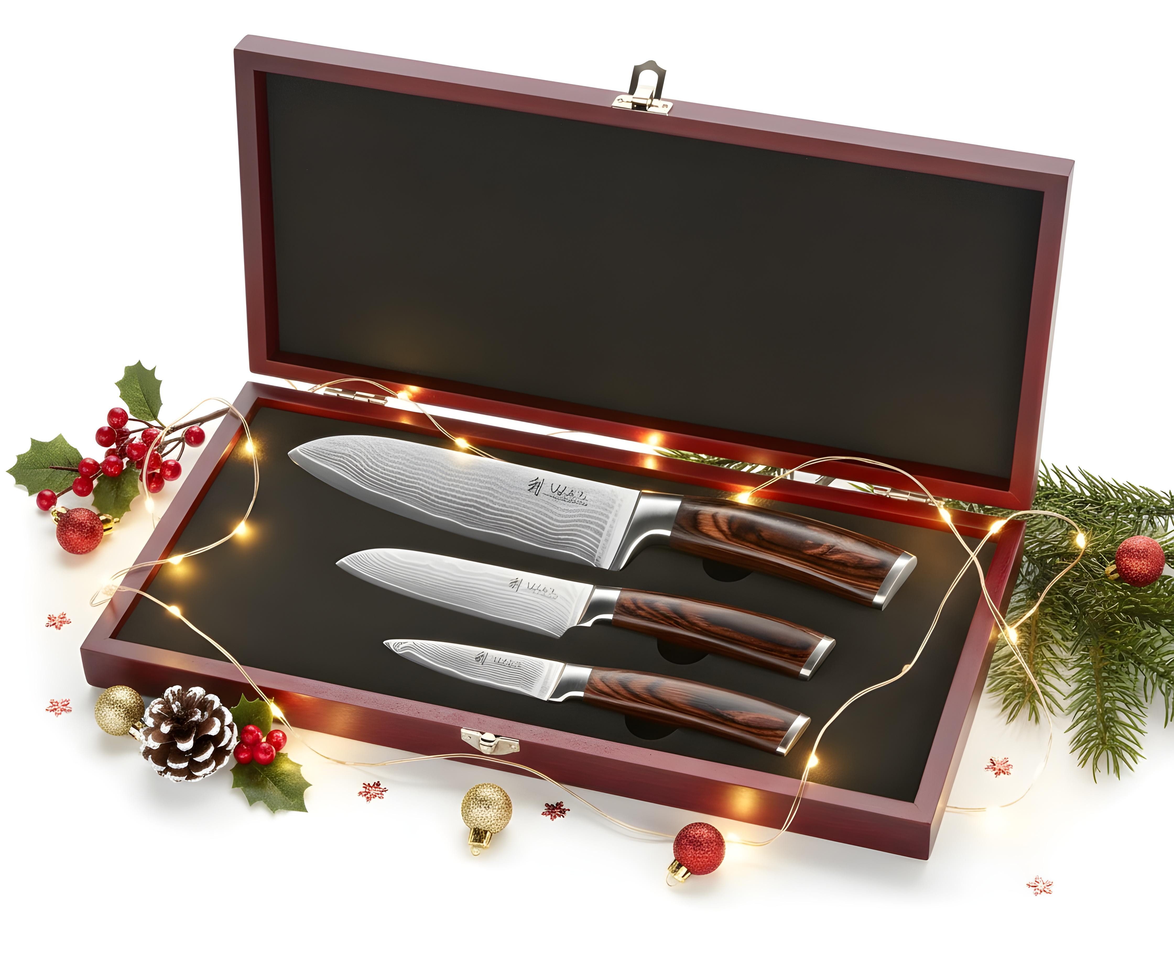 Wakoli Messer-Set Edib 3er Damastmesser-Set I Kochmesser Küchenmesser I 8 -17cm Klingen (Küchenmesser Set in Holzbox, 3-tlg., 1x Santoku; 1x Santoku klein; 1x Spickmesser), VG10 Kern, langanhaltende Schärfe