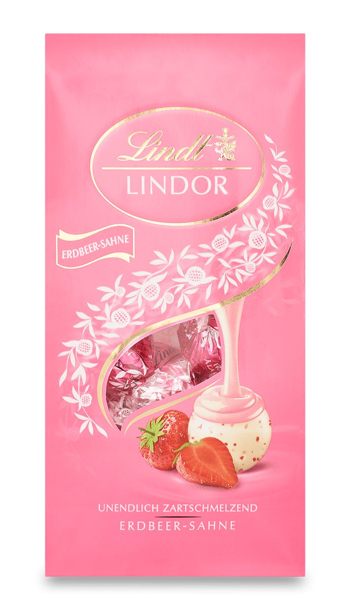 Lindt LINDOR Schokolade 137g Erdbeer Sahne Beutel Kugeln Schokolade Pralinen Geschenk, 1 x 137 g, 1 St.