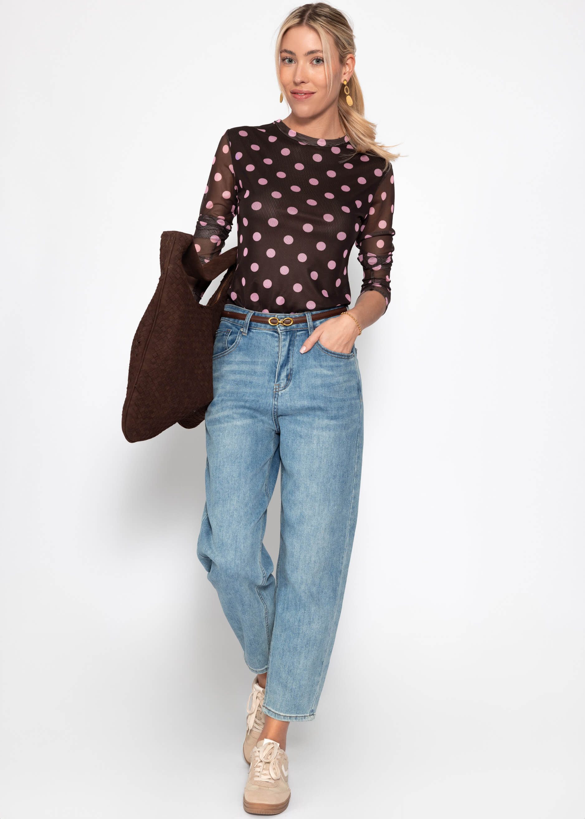 SASSYCLASSY Langarmshirt Mesh Langarmshirt mit Punkten für Damen Leichtes Shirt mit gefütterter Vorderseite und Rundhalsausschnitt – Bild 3 von 5