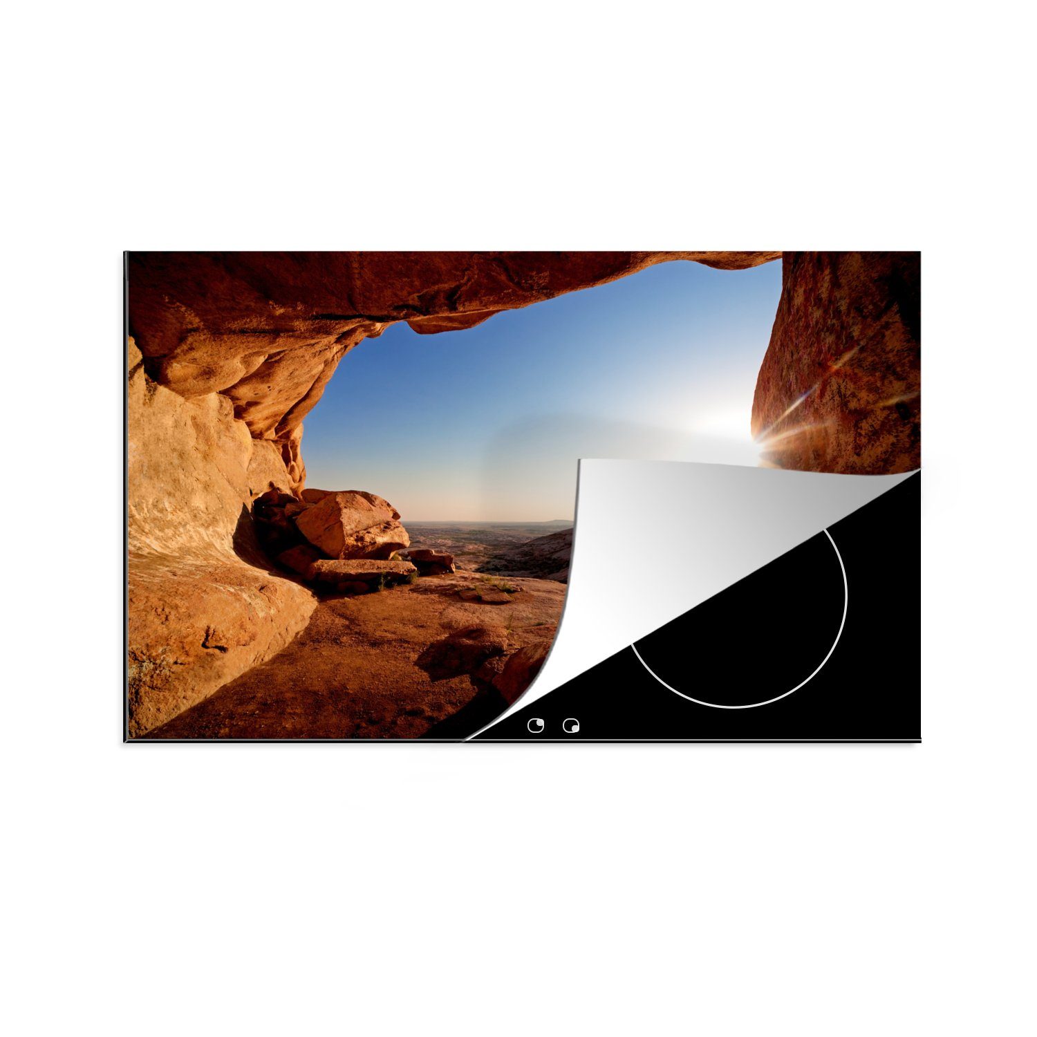 MuchoWow Herdblende-/Abdeckplatte Höhle - Wüste - Sonne - Landschaft, Vinyl, (1 tlg), 81x52 cm, Ceranfeldabdeckung, Arbeitsplatte für küche