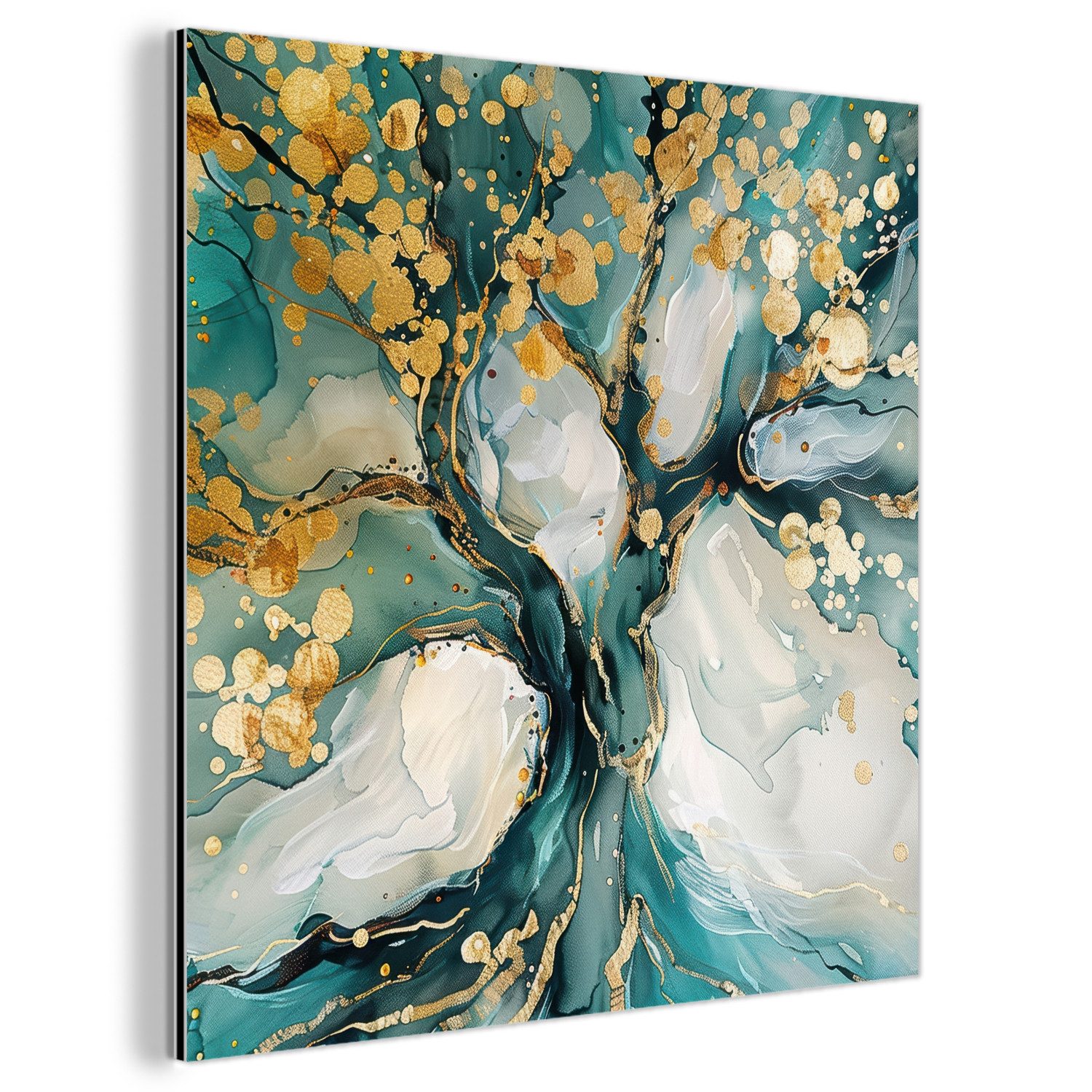MuchoWow Metallbild Baum - Modern - Lackoptik - Türkis - Gold, Inkl. Aufhängung, Alu-Dibond-Druck, Wandbild aus Metall, Aluminium deko, 20x20 cm