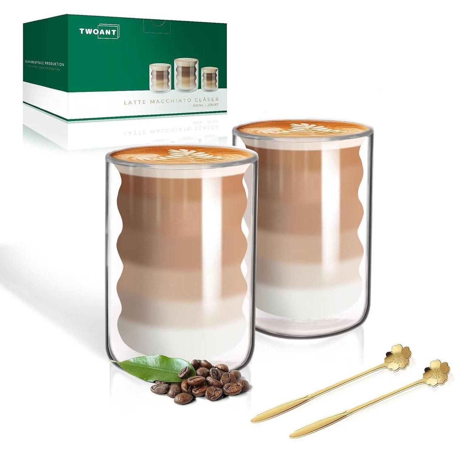LuxusKollektion Latte-Macchiato-Glas Latte Macchiato Gläser Set 400ml Doppelwandig Thermogläser 2 Löffel