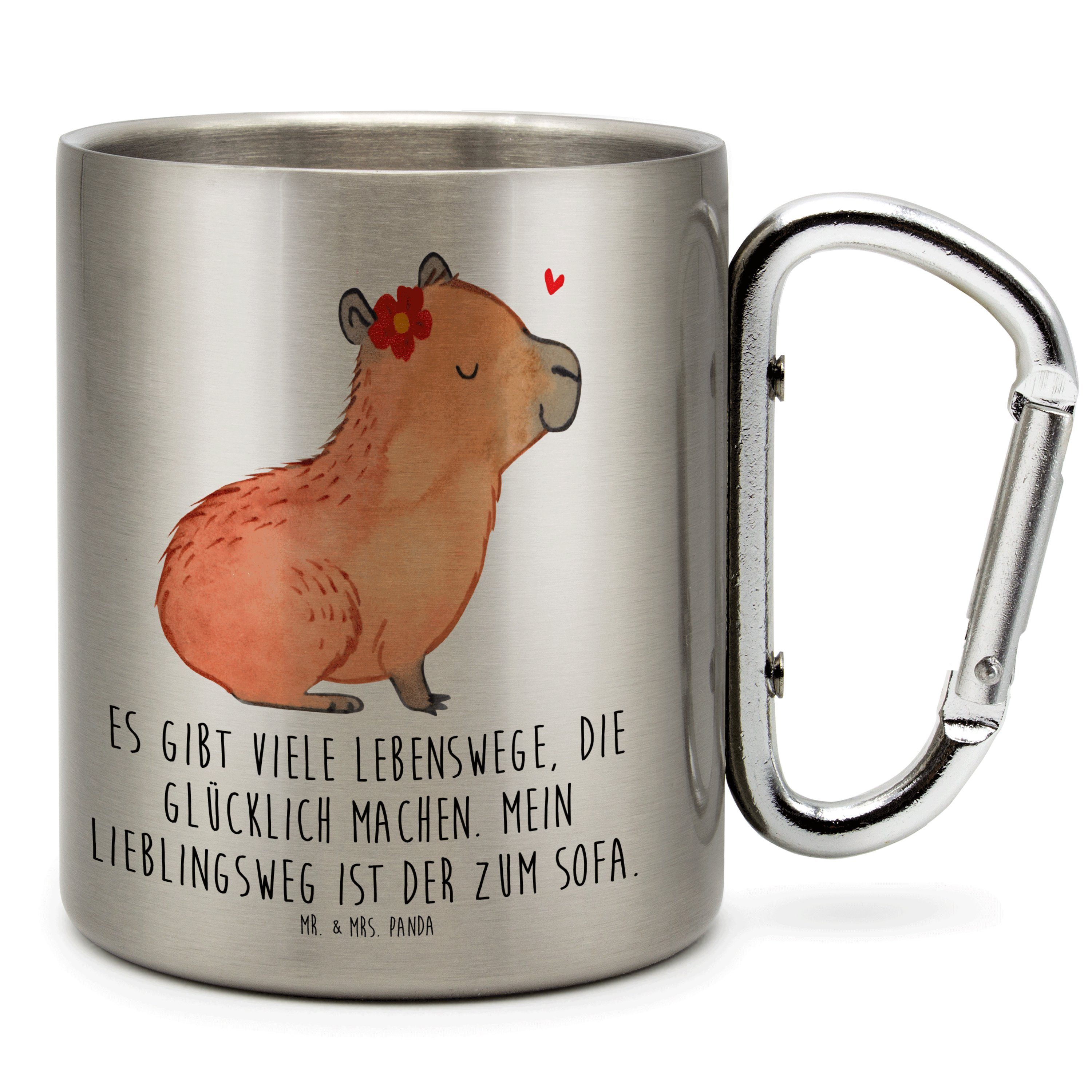 Mr. & Mrs. Panda Tasse Capybara Blume - Transparent - Geschenk, Edelstahltasse, lustige Sprü, Edelstahl