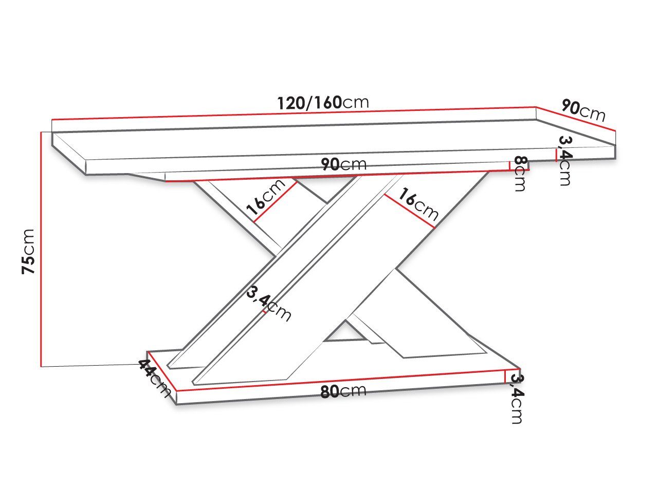 120-160x90x75 Tischplatte, K350 der cm unter MIRJAN24 Einlegeplatte sich (Ausziehbarer), Xao Esstisch / befindet Schwarz