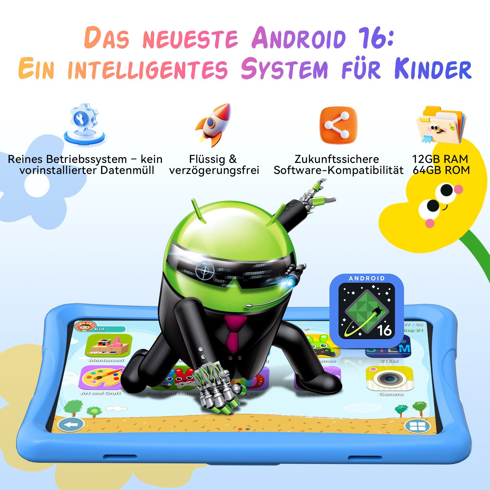 VekfulPC K10-5000mAh, stoßfest, 10,1" inkl. Z20 Kinderuhr Kids Tablet (10,1", 64 GB, Android 16, Google Kids Space, 10,1" HD, 5000mAh, 12GB+64GB)