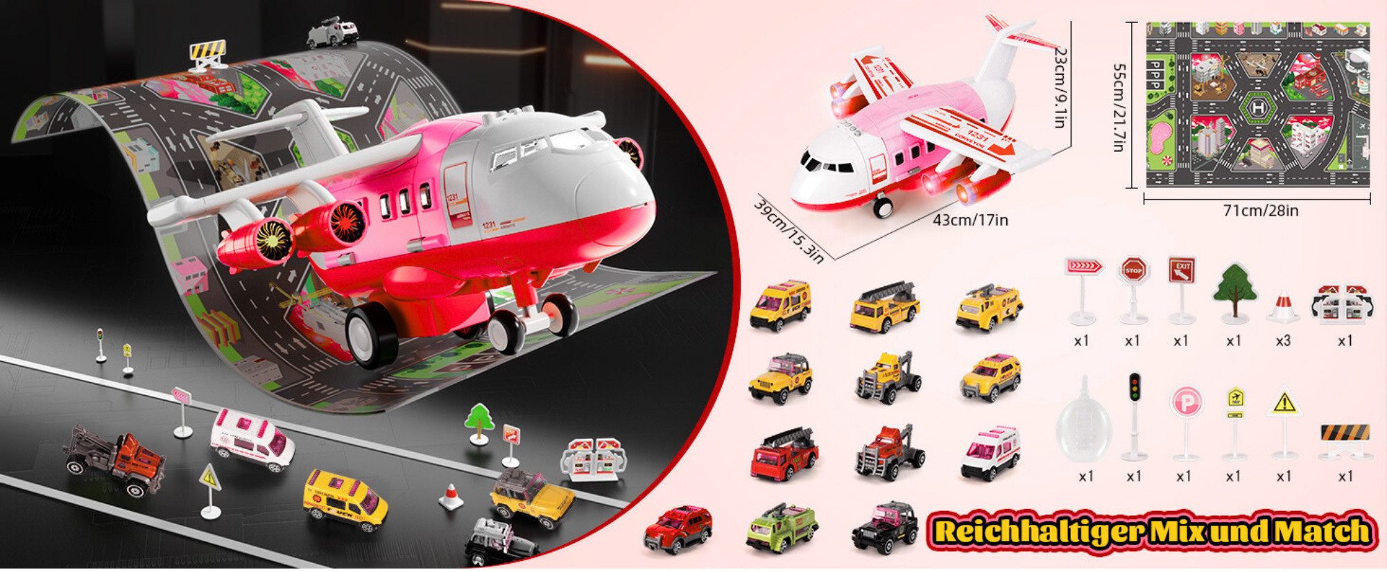 Vivitar Spielzeug-Flugzeug mit Lichtern, Geräuschen, Sprühfunktion und 12-teiligem Spielzeugauto, (regt zum Lernen und zur Aktivität an, bestes Geschenk, Spielzeug für Kinder, Reichhaltige Zusammenstellung, cleveres Kabinendesign, Parkfunktion), Lernspielzeug für Kinder ab 3, 4, 5 Jahren und mehr