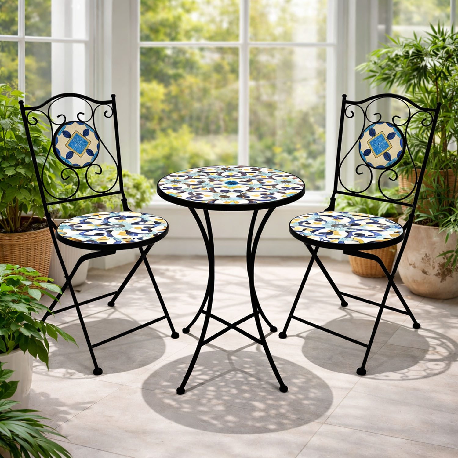 Mojawo Essgruppe Mosaik Sitzgarnitur Set 3-teilig Sitzgruppe Gartenmöbel Tisch Stühle