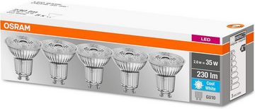 Osram LED-Leuchtmittel OSRAM® GU10 LED Spot Strahler, GU10, Kaltweiß, 35W Reflektor Lampe 36° Kaltweiß PAR16 [5er Pack]