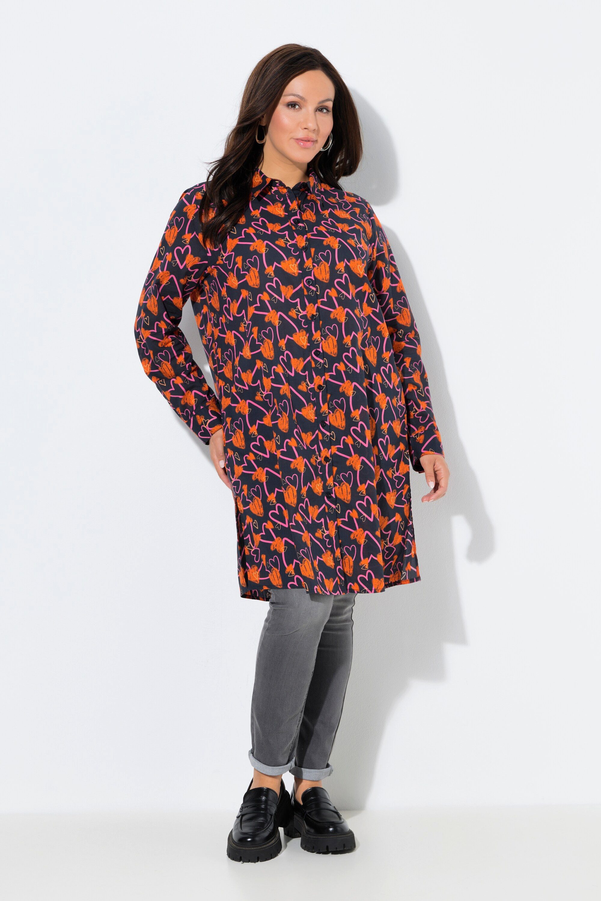 Longbluse Longbluse Herzen A-Linie Hemdkragen Langarm