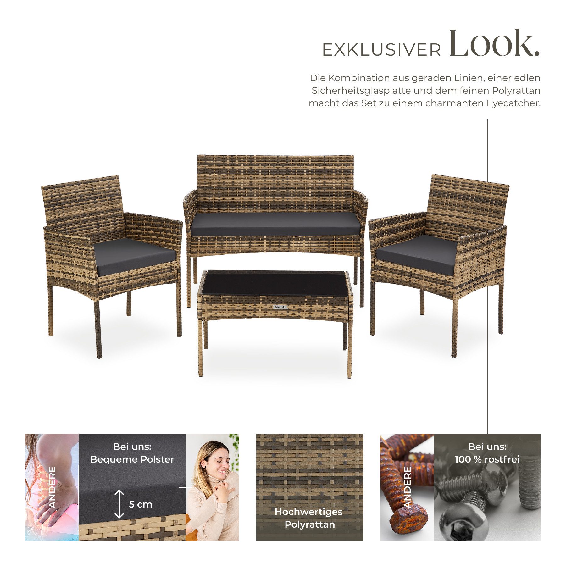 tectake Sitzgruppe Rattan Gartenset für 4 Personen, Sofa 250 kg, je Sessel 120 kg, (Loungeset Palese, 4-tlg., für Außen in Naturfarben), abnehmbare Polyesterbezüge, wetterfest, mit Sicherheitsglasplatte